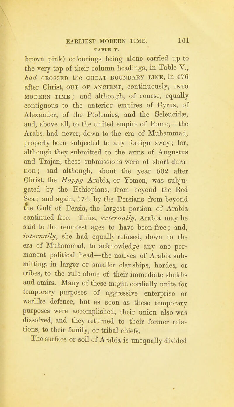 TABLE V. brown pink) colourings being alone carried up to tbe very top of tbeir column headings, in Table V., had crossed tbe great boundary line, in 476 after Christ, out of ancient, continuously, into modern time ; and although, of course, equally contiguous to the anterior empires of Cyrus, of Alexander, of the Ptolemies, and the Seleucidse, and, above all, to the united empire of Kome,—the Arabs had never, down to the era of Muhammad, properly been subjected to any foreign sway; for, although they submitted to the arms of Augustus and Trajan, these submissions were of short dura- tion ; and although, about the year 502 after Christ, the Happy Arabia, or Yemen, was subju- gated by the Ethiopians, from beyond the Ked Sea; and again, 574, by the Persians from beyond the Gulf of Persia, the largest portion of Arabia continued free. Thus, externally, Arabia may be said to the remotest ages to have been free; and, internally, she had equally refused, down to the era of Muhammad, to acknowledge any one per- manent political head—the natives of Arabia sub- mitting, in larger or smaller clanships, hordes, or tribes, to the rule alone of their immediate sheklis and amirs. Many of these might cordially unite for temporary purposes of aggressive enterprise or warlike defence, but as soon as these temporary purposes were accomplished, their union also was dissolved, and they returned to their former rela- tions, to their family, or tribal chiefs. The surface or soil of Arabia is unequally divided