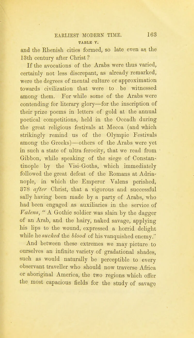 TABLE V. and the Kbenish cities formed, so late even as the 13th century after Christ ? If the avocations of the Arabs were thus varied, certainly not less discrepant, as already remarked, ■were the degrees of mental culture or approximation towards civilization that were to be witnessed among them. For while some of the Arabs were contending for literary glory—for the inscription of their prize poems in letters of gold at the annual poetical competitions, held in the Occadh during the great religious festivals at Mecca (and which strikingly remind us of the Olympic Festivals among the Greeks)—others of the Arabs were yet in such a state of ultra ferocity, that we read from Gibbon, while speaking of the siege of Constan- tinople by the Visi-Goths, which immediately followed the great defeat of the Komans at Aclria- nople, in which the Emperor Valens perished, 378 after Christ, that a vigorous and successful sally having been made by a party of Arabs, who had been engaged as auxiliaries in the service of Valens,  A Gothic soldier was slain by the dagger of an Arab, and the hairy, naked savage, applying his bps to the wound, expressed a horrid delight while he sucked the blood of his vanquished enemy. And between these extremes we may picture to ourselves an infinite variety of gradational shades, such as would naturally be perceptible to every observant traveller who should now traverse Africa or aboriginal America, the two regions which offer the most capacious fields for the study of savage