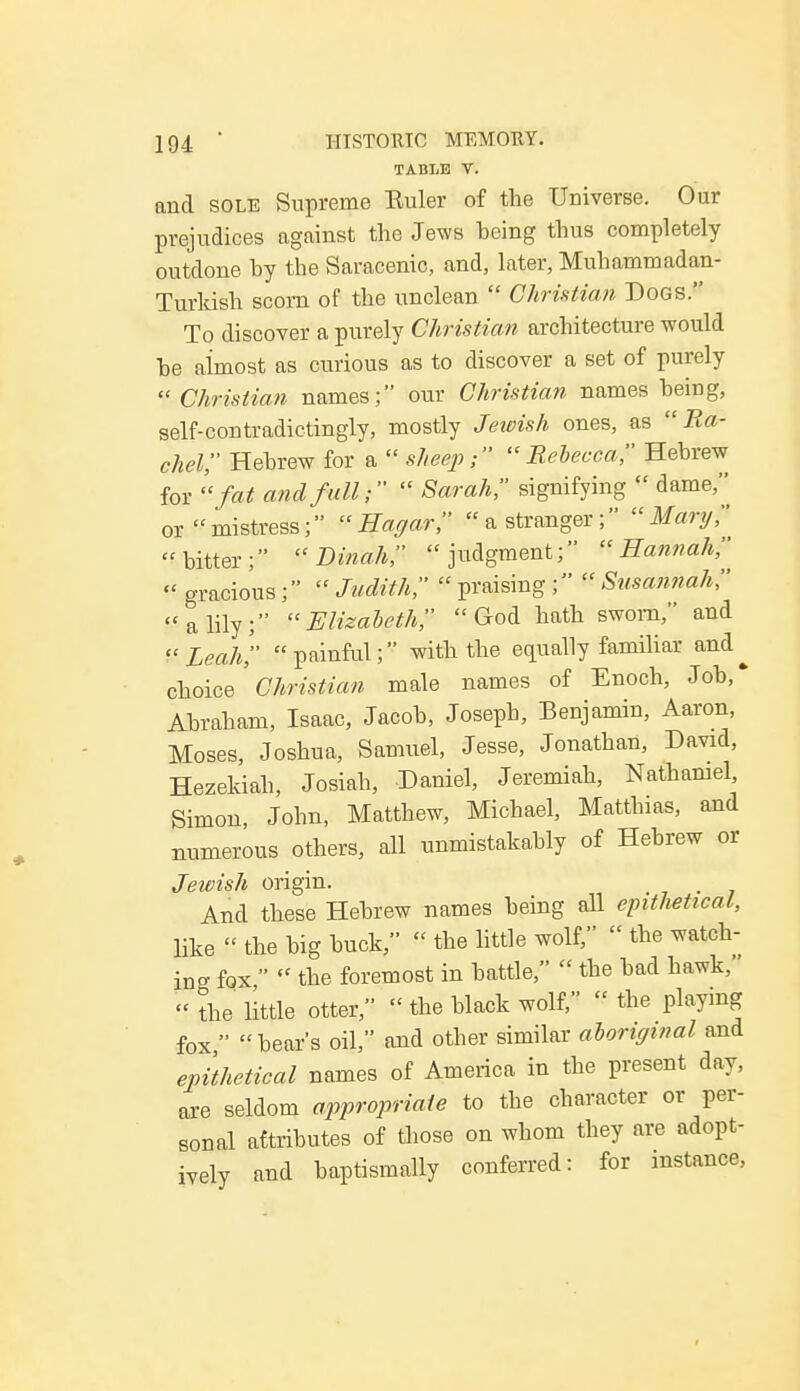 TABLE V. and sole Supreme Ruler of the Universe. Our prejudices against the Jews hcing thus completely outdone hy the Saracenic, and, later, Muhammadan- Turkish scorn of the unclean  Christian Dogs. To discover a purely Christian architecture would be almost as curious as to discover a set of purely « Christian names; our Christian names being, self-contradictingly, mostly Jewish ones, as Ra- chel;' Hebrew for a  sheep ; Rebecca Hebrew for  fat and full;  Sarah, signifying  dame/' or mistress; Hagar, a stranger; Mary; bitter; Dinah, judgment; Hannah,  gracious;  Judith,  praising ;  Susannah, a lily; Elizabeth God hath sworn, and Leah painful; with the equally familiar and^ choice' Christian male names of Enoch, Job,* Abraham, Isaac, Jacob, Joseph, Benjamin, Aaron, Moses, Joshua, Samuel, Jesse, Jonathan, David, Hezekiah, Josiah, Daniel, Jeremiah, Nathaniel Simon, John, Matthew, Michael, Matthias, and numerous others, all unmistakably of Hebrew or Jewish origin. And these Hebrew names being all epithetical, like  the big buck,  the little wolf,  the watch- ina fox   the foremost in battle,  the bad hawk, the little otter,  the black wolf, the playing fox  bear's oil, and other similar aboriginal and epithetical names of America in the present day, are seldom appropriate to the character or per- sonal attributes of those on whom they are adopt- ively and baptismally conferred: for instance,