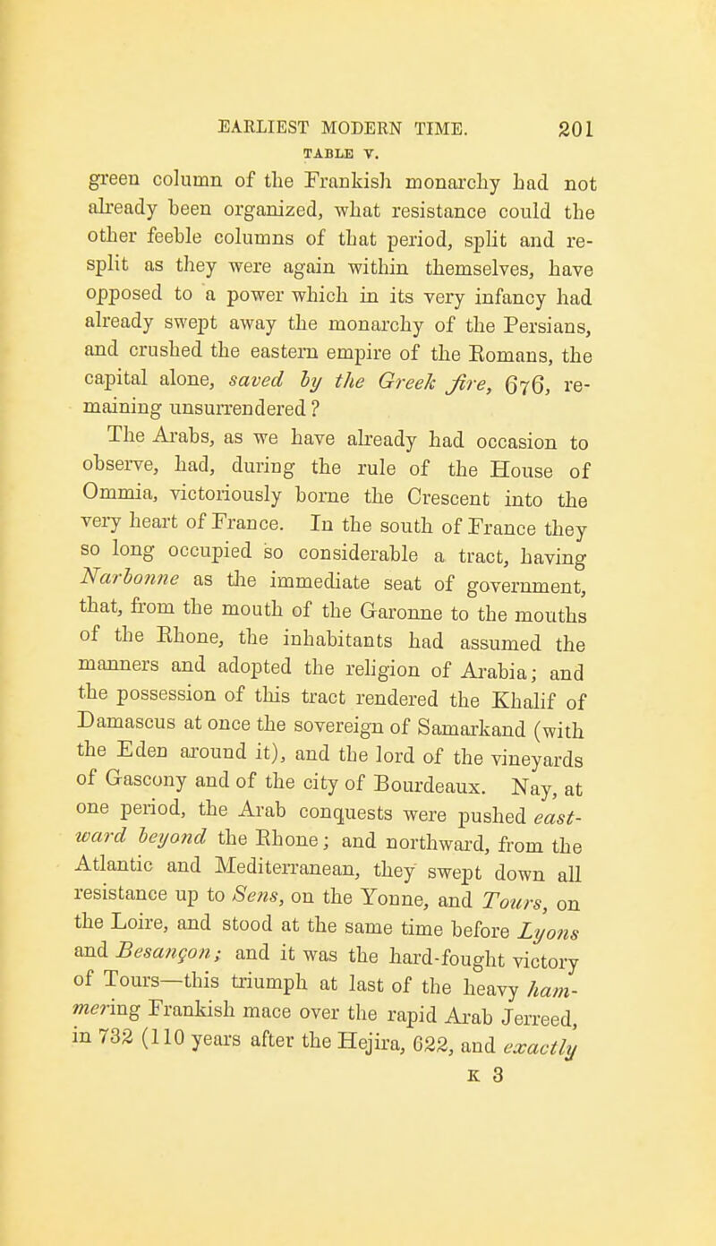 TABLE V. green column of the Frankish monarchy had not already heen organized, what resistance could the other feehle columns of that period, split and re- split as they were again within themselves, have opposed to a power which in its very infancy had already swept away the monarchy of the Persians, and crushed the eastern empire of the Eomans, the capital alone, saved by the Greek Jive, 676, re- maining unsurrendered ? The Arahs, as we have already had occasion to ohserve, had, during the rule of the House of Ommia, victoriously horne the Crescent into the very heart of France. In the south of France they so long occupied so considerable a tract, having Narbonne as the immediate seat of government, that, from the mouth of the Garonne to the mouths of the Khone, the inhabitants had assumed the manners and adopted the religion of Arabia; and the possession of this tract rendered the Khalif of Damascus at once the sovereign of Samarkand (with the Eden around it), and the lord of the vineyards of Gascony and of the city of Bourdeaux. Nay, at one period, the Arab conquests were pushed east- ward beyond the Rhone; and northward, from the Atlantic and Mediterranean, they swept down all resistance up to Sens, on the Youne, and Tours, on the Loire, and stood at the same time before Lyons and Besangon^ and it was the hard-fought victory of Tours—this triumph at last of the heavy ham- mering Frankish mace over the rapid Arab Jerreed, in 732 (110 years after the Hejira, G22, and exactly