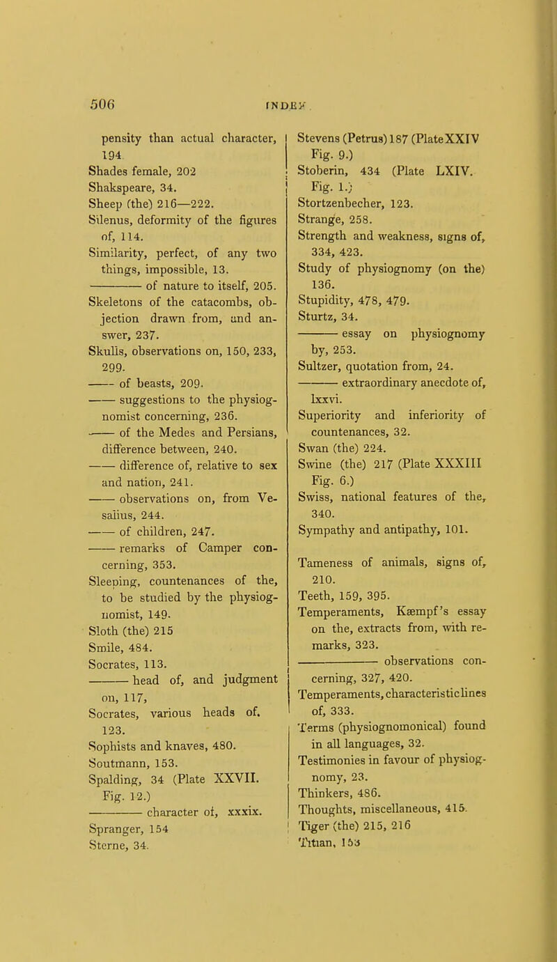 pensity than actual character, 194 Shades female, 202 Shakspeare, 34. Sheep fthe) 216—222. Silenus, deformity of the figures of, 114. Similarity, perfect, of any two things, impossible, 13. of nature to itself, 205. Skeletons of the catacombs, ob- jection drawn from, iind an- swer, 237. Skulls, observations on, 150, 233, 299. of beasts, 209. suggestions to the physiog- nomist concerning, 236. of the Medes and Persians, difference between, 240. difference of, relative to sex and nation, 241. observations on, from Ve- salius, 244. of children, 247. remarks of Camper con- cerning, 353. Sleeping, countenances of the, to be studied by the physiog- nomist, 149. Sloth (the) 215 Smile, 484. Socrates, 113. head of, and judgment on, 117, Socrates, various heads of. 123. Sophists and knaves, 480. Soutmann, 153. Spalding, 34 (Plate XXVII. Fig. 12.) character of, xxxix. Spranger, 154 Sterne, 34. Stevens (Petrus) 187 (Plate XXIV Fig. 9.) Stoberin, 434 (Plate LXIV. Fig. 1.) Stortzenbecher, 123. Strange, 258. Strength and weakness, signs of, 334, 423. Study of physiognomy (on the) 136. Stupidity, 478, 479. Sturtz, 34. essay on physiognomy by, 253. Sultzer, quotation from, 24. extraordinary anecdote of, Ixxvi. Superiority and inferiority of countenances, 32. Swan (the) 224. Swine (the) 217 (Plate XXXIII Fig. 6.) Swiss, national features of the, 340. Sympathy and antipathy, 101. Tameness of animals, signs of, 210. Teeth, 159, 395. Temperaments, Ksempf's essay on the, extracts from, with re- marks, 323. observations con- cerning, 327, 420. Temperaments, characteristic lines 1 of, 333. Tsrms (physiognomonical) found in all languages, 32. Testimonies in favour of physiog- nomy, 23. Thinkers, 486. Thoughts, miscellaneous, 415. I Tiger (the) 215, 216 'i\tian, 153