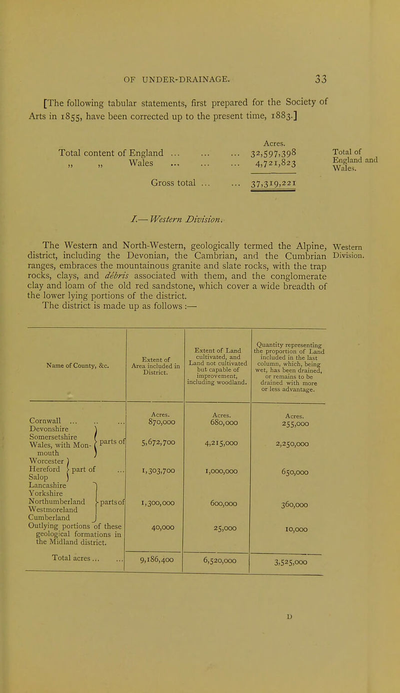 [The following tabular statements, first prepared for the Society of Arts in 1855, have been corrected up to the present time, 1883.] Acres. Total content of England 32,597,398 „ „ Wales 4,721,823 Gross total 37,319,221 Total of England and Wales. I.— Western Division. The Western and North-Western, geologically termed the Alpine^ Western district, including the Devonian, the Cambrian, and the Cumbrian Division, ranges, embraces the mountainous granite and slate rocks, with the trap rocks, clays, and debris associated with them, and the conglomerate clay and loam of the old red sandstone, which cover a wide breadth of the lower lying portions of the district. The district is made up as follows :— Extent of Land Name of County, &c. Extent of Area included in District. cultivated, and Land not cultivated but capable of improvement, including woodland. Acres. Acres. Cornwall ... 870,000 680,000 Devonshire Somersetshire | parts of 5,672,700 Wales, with Mon-1 4,215,000 mouth Worcester \ Hereford > part of 1,303,700 1,000,000 Salop ) Lancashire Yorkshire Northumberland ■parts of 1,300,000 600,000 Westmoreland Cumberland Outlying portions of these 40,000 25,000 geological formations in the Midland district. Total acres. 9,186,400 6,520,000 Quantity representing the proportion of Land included in the last column, which, being wet, has been drained, or remains to be drained with more or less advantage. Acres. 255,000 2,250,000 650,000 360,000 10,000 3,525,000 D