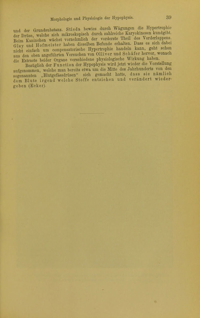 und der Grundsubstanz. Stieda bewies durch Wägungen die Hypertrophe dPr Drüse welclie sich mikroslcopisch durch zahlreiche Karyokinesen kundgibt. Beim Kaninchen wächst vornehmlich der vorderste Theil des Vorderlappens. Gley und Hofmeister haben dieselben Befunde erhalten. Dass es sich dabei nicht einfach um compensatorische Hypertrophie handeln kann, geht schon aus den oben angeführten Versuchen von Olliver und Schäfer hervor, wonach die Extracte beider Organe verschiedene physiologische Wirkung haben. Bezüglich der Function der Hypophysis wird jetzt wieder die VorsteUung aufgenommen, welche man bereits etwa um die Mitte des Jahrhunderts von den sogenannten .,Blutgefässdrüsen sich gemacht hatte, dass sie nämlich dem Blute irgend welche Stoffe entziehen und verändert wieder- geben (Ecker)-