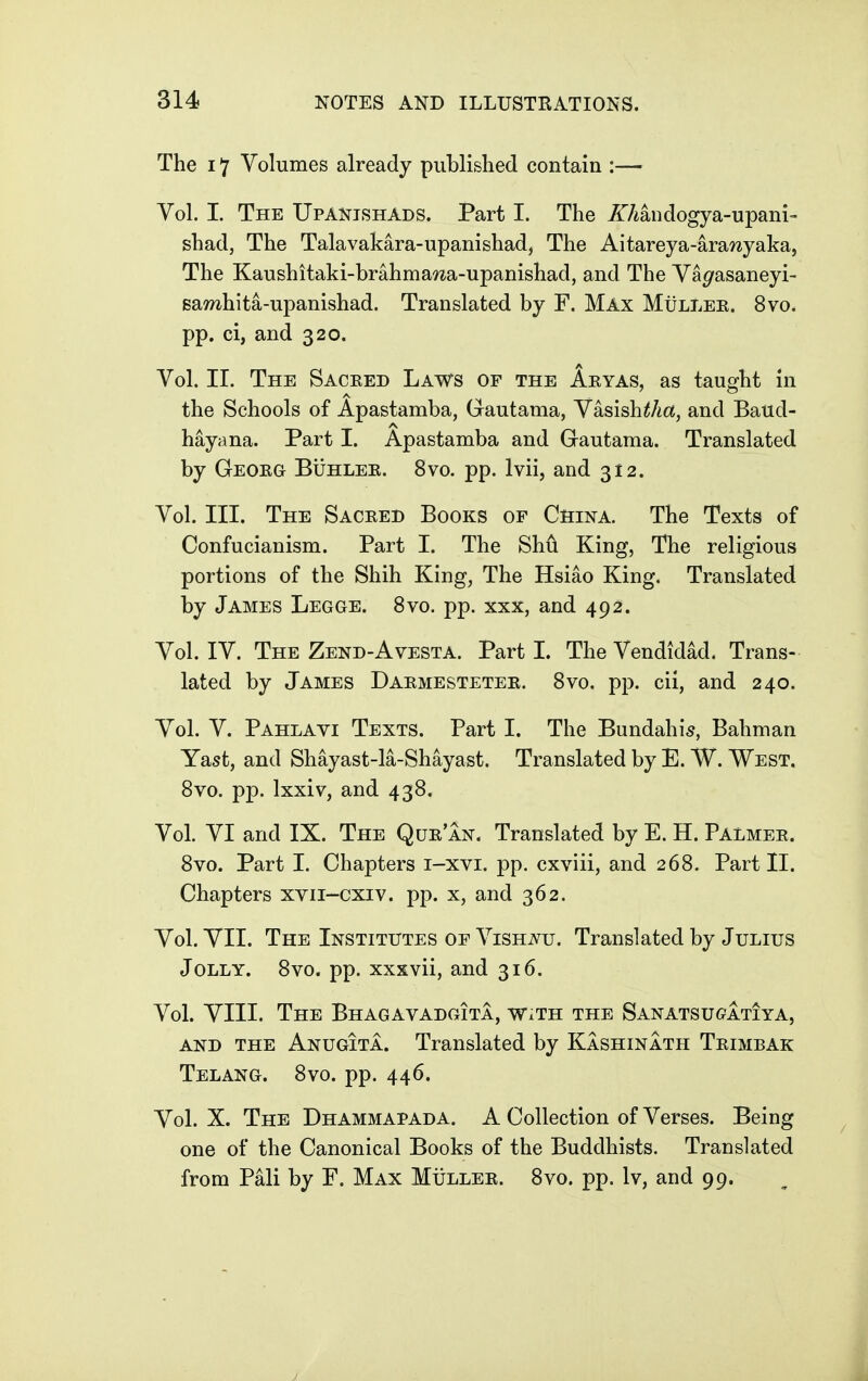 The 17 Volumes already published contain :— Vol. I. The Upanishads. Part I. The XAandogya-upani- shad, The Talavakara-upanishad, The Aitareya-aranyaka, The Kaushitaki-brahmawa-upanishad, and The Va^asaneyi- samhita-upanishad. Translated by F. Max Mullek. 8vo. pp. ci, and 320. Vol. ir. The Saceed Laws of the Aeyas, as taught in the Schools of Apastamba, Gautama, Yisishtha, and Baud- hayana. Part I. Apastamba and Gautama. Translated by Geoeg Buhlee. 8vo. pp. Ivii, and 312. Vol. III. The Saceed Books of China. The Texts of Confucianism. Part I. The Shu King, The religious portions of the Shih King, The Hsiao King. Translated by James Legge. 8vo. pp. xxx, and 492. Vol. IV. The Zend-Avesta. Parti. The Vendidad. Trans- lated by James Daemestetee. 8vo. pp. cii, and 240. Vol. V. Pahlayi Texts. Part I. The Bundahis, Bahman Yast, and Shayast-la-Shayast. Translated by E. W. West. 8vo. pp. Ixxiv, and 438. Vol. VI and IX. The Que'an. Translated by E. H. Palmee. 8vo. Part I. Chapters i-xvi. pp. cxviii, and 268. Part II. Chapters xvii-cxiv. pp. x, and 362. Vol. VII. The Institutes of ViSHivu. Translated by Julius Jolly. 8vo. pp. xxxvii, and 316. Vol. VIII. The Bhagavadgita, with the Sanatsugatiya, AND THE Anugita. Translated by Kashinath Teimbak Telang. 8vo. pp. 446. Vol. X. The Dhammapada. A Collection of Verses. Being one of the Canonical Books of the Buddhists. Translated from Pali by F. Max Mullee. 8vo. pp. Iv, and 99.