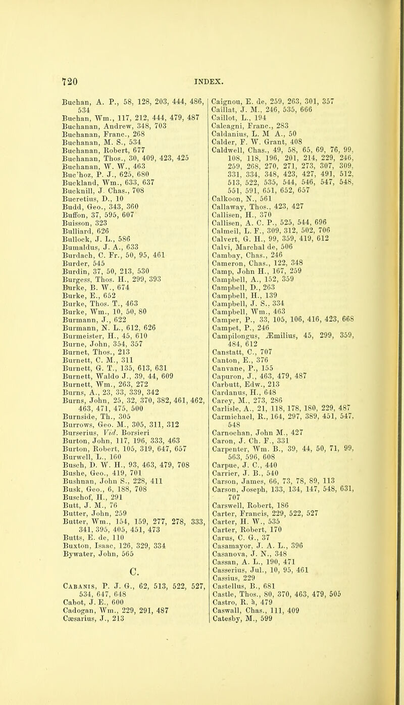 Buchan, A. P., 58, 128, 203, 444, 486, 634 Buchan, Wm., 117, 212, 444, 479, 487 Buchanan, Andrew, 348, 703 Buchanan, Franc, 268 Buchanan, M. S., 534 Buchanan, Robert, 677 Buchanan, Thos., 30, 409, 423, 425 Buchanan, W. W., 463 Buc'hoz, P. J., 625, 680 Buckland, Wm., 633, 637 Bucknill, J. Chas., 708 Bucretius, D., 10 Budd, Geo., 343, 360 Buffon, 37, 595, 607 Buisson, 323 Bulliard, 626 Bullock, J. L., 586 Bumaldus, J. A., 633 Burdach, C. Pr., 50, 95, 461 Burder, 545 Burdin, 37, 50, 213, 530 Burgess, Thos. H., 299, 393 Burke, B. W., 674 Burke, E., 652 Burke, Thos. T., 463 Burke, Wm., 10, 50, 80 Burmann, J., 622 Burmann, N. L., 612, 626 Burmeister, H., 46, 610 Burne, John, 354, 357 Burnet, Thos., 213 Burnett, C. M., 311 Burnett, G. T., 135, 613, 631 Burnett, Waldo J., 39, 44, 609 Burnett, Wm., 263, 272 Burn,?, A., 23, 33, 339, 342 Burns, John, 25, 32, 370, 382, 461, 462, 463, 471, 475, 500 Burnside, Th., 305 Burrows, Geo. M., 305, 311, 312 Burserius, Vid. Borsleri Burton, John, 117, 196, 333, 463 Burton, Robert, 105, 319, 647, 667 Burwell, L., 160 Busch, D. W. H., 93, 463, 479, 708 Bushe, Geo., 419, 701 Bushnan, John S., 228, 411 Busk, Geo., 6, 188, 708 Buschof, H., 291 Butt, J. M., 76 Butter, John, 259 Butter, Wm., 154, 159, 277, 278, 333, 341, 395, 405, 451, 473 Butts, E. de, 110 Buxton, Isaac, 126, 329, 334 Bywater, John, 565 c. Cabanis, p. J. G., 62, 513, 522, 527, 634, 647, 648 Cabot, J. E., 600 Cadogan, Wm., 229, 291, 487 Ctesarlus, J., 213 Caignou, E. de, 259, 263, 301, 357 Caillat, J. M., 246, 635, 666 Caillot, L., 194 Calcagni. Franc, 283 Caldanius, L. M A., 50 Calder, F. W. Grant, 408 Caldwell, Chas., 49, 58, 65, 69, 76, 99. 108, 118, 196, 201, 214, 229, 246, 259, 268, 270, 271, 273, 307, 309, 331, 334, 348, 423, 427, 49], 512, 513, 622, 535, 544, 546, 547, 548, 551, 691, 651, 652, 657 Calkoon, N., 561 Callaway, Thos., 423, 427 Callisen, H., 370 Callisen, A. C. P., 625, 544, 696 Calmeil, L. F., 309, 312, 502, 706 Calvert, G. H., 99, 369, 419, 612 Calvl, Marchal de, 606 Cambay, Chas., 246 Cameron, Chas., 122, 348 Camp, John H., 167, 259 Campbell, A., 152, 359 Campbell, D., 263 Campbell, H., 139 Campbell, J. S.. 334 Campbell, Wm., 463 Camper, P., 33, 105, 106, 416, 423, 668 Cam pet. P., 246 Campilongus, ^milius, 45, 299, 359, 484, 612 Canstatt, C, 707 Canton, E., 376 Canvane, P., 165 Capuron, J., 463, 479, 487 Carbutt, Edw., 213 Cardanus, H., 648 Carey, M., 273, 285 Carlisle, A., 21, 118, 178, 180, 229, 487 Carmichael, R., 164, 297, 389, 451, 647, 648 Carnochan, John M., 427 Caron, J. Ch. F., 331 Carpenter, Wm. B., 39, 44, 50, 71, 99, 563, 696, 608 Carpue, J. C, 440 Carrier, J. B., 540 Carson, James, 66, 73, 78, 89, 113 Carson, Joseph, 133, 134, 147, 548, 631, 707 Carswell, Robert, 186 Carter, Francis, 229, 522, 527 Carter, H. W., 535 Carter, Robert, 170 Carus, C. G., 37 Casamayor, J. A. L., 396 Casanova, J. N., 348 Cassan, A. L., 190, 471 Casserius, Jul., 10, 96, 461 Cassius, 229 Castellus, B., 681 Castle, Thos., 80, 370, 463, 479, 505 Castro, R. a, 479 Caswall, Chas., Ill, 409 Catesby, M., 599