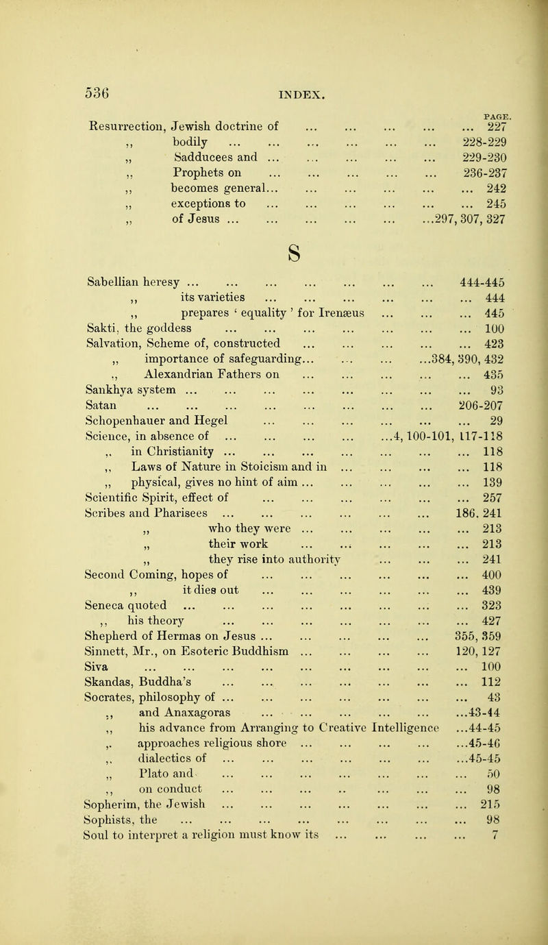 PAGE. Resurrection, Jewish doctrine of ... ... ... ... ... 227 bodily , 228-229 „ Sadducees and ... ... ... ... ... 229-230 „ Prophets on 236-237 becomes general... ... ... ... ... ... 242 „ exceptions to ... ... ... ... ... ... 245 of Jesus ... 297,307,327 S Sabellian heresy ... 444-445 ,, its varieties ... 444 ,, prepares ' equality ' for Irenseus ... 445 Sakti, the goddess ... 100 Salvation, Scheme of, constructed ... 423 importance oi saieguardmg... 384, 390, 432 ,, Alexandrian Fathers on ... 435 Sankhya system ... 93 Satan 206-207 Schopenhauer and Hegel 29 Science, in absence of ...4,100-101, 117-118 in Christianity ... ... 118 ,, Laws of Nature in Stoicism and in ... ... 118 ,, physical, gives no hint of aim ... ... 139 Scientific Spirit, effect of ... 257 Scribes and Pharisees 186. 241 ,, who they were ... ... 213 „ their work ... ..i 213 ,, they rise into authority ... 241 Second Coming, hopes of ... 400 ,, it dies out ... 439 Seneca quoted ... 323 ,, his theory ... 427 Shepherd of Hermas on Jesus ... 355, 359 Sinnett, Mr., on Esoteric Buddhism ... 120, 127 Siva ... 100 Skandas, Buddha's ... 112 Socrates, philosophy of ... ... 43 and Anaxagoras ...43-44 ,, his advance from Arranging to Creative Intelligence ...44-45 approaches religious shore ...45-46 ,, dialectics of ...45-45 „ Plato and ... 50 ,, on conduct ... 98 Sopherim, the Jewish ... 215 Sophists, the ... 98 Soul to interpret a religion must know its ... ... 7