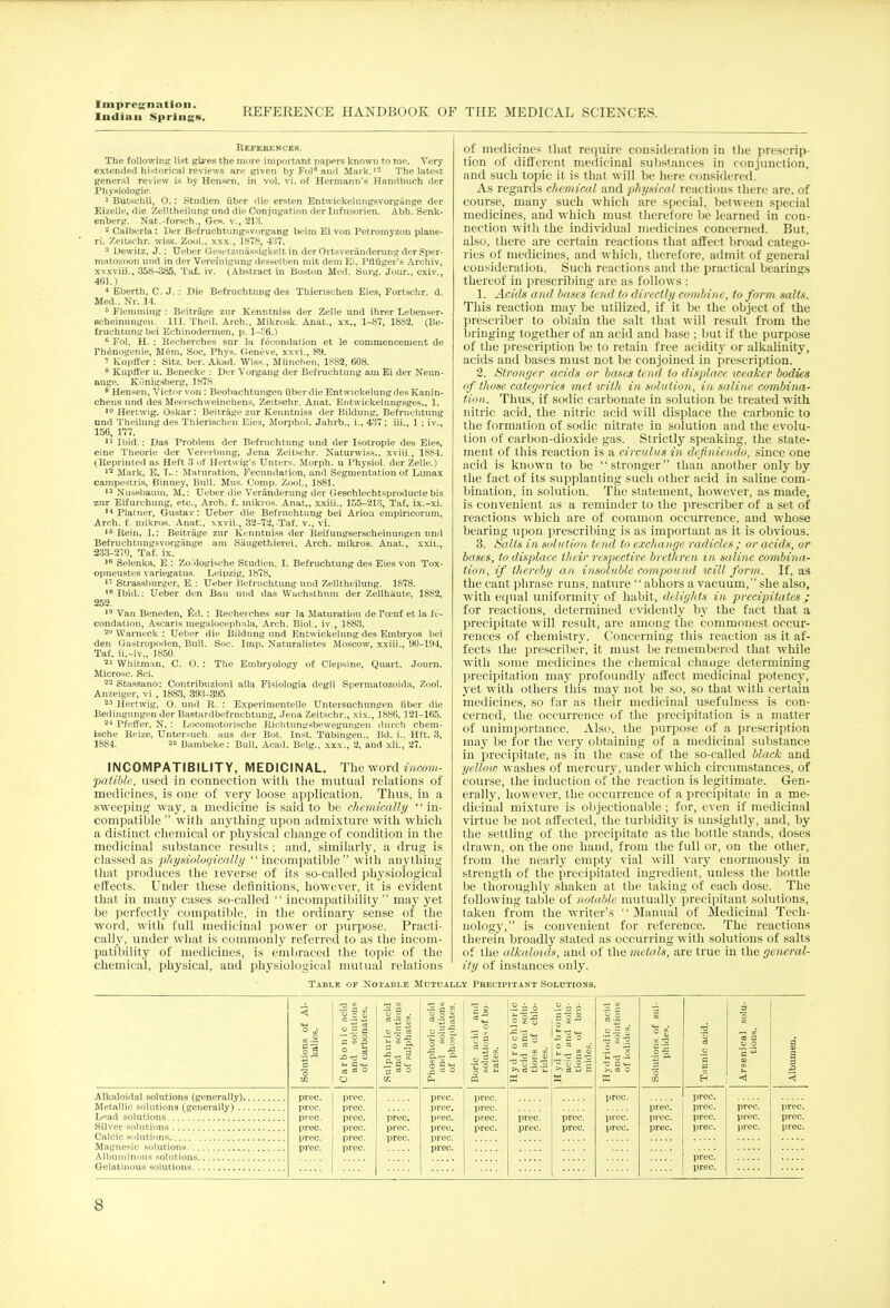 Indian Springs. REFERENCE HANDBOOK OF THE MEDICAL SCIENCES. References. The following list gires the more important papers known to me. Very extended historical reviews are given by Foleand Mark.12 The latest general review is by Hensen, in vol. vi. of Hermann's Handbuch der Physiologic 1 Biitschli, O.: Studien fiber die ersten Entwickelungsvorgiinge der Eizelle, die Zelltheilung und die Conjugation der Inf usorien. Abh. Senk- ehberg. Nat.-forsch., Ges. v., 213. 2 Calberla: Der Befruchtungsvorgang beim Ei von Petromyzon plane- ri. Zeltschr. wiss. Zool., xxx., 1878, 437. 3 Uewitz, J.: Ueber GesetzmSssigkelt in der Ortsveranderung der Sper- mntozoon und in der Vereinigung desselben niit dem Ei. Pfliiger's Archiv, xxxviij., 358-385. Taf. iv. (Abstract in Boston Med. Surg. Jour., cxiv., 461.) 4 Eberth, C. J. : Die Befruchtnng des Thierischen Eies, Fortschr. d. Med.. Nr. 14. 6 Flemming : Beitrage zur Kenntniss der Zelle und ihrer Lebenser- scheinungen. III. Theil. Arch., Mikrosk. Anat., xx., 1-87, 1882. (Be- fruchtung bei Echinodennen, p. 1-36.) 6 Fol. H. : Recherches sur la fecondation et le commencement de l'henogenie, Mem. Soc. Phvs. Geneve, xxvi., 89. i Kupffer : Sitz. ber. Akad. Wiss., Miinchen, 18S2, 608. 8 Kupffer u. Benecke : Der Vorgang der Befruchtung am Ei der Neun- auge. Kiinigsberg, 1878 9 Hensen, Victor von: Beobachtungen fiber die Entwickelungdes Kanin- chens und des Meerschweinchens, Zeitschr. Anat. Entwickelungsges., 1. 10 Hertwig, Oskar : Beitrage zur Kenntniss der Bildung, Befruchtung und Theilung des Thierischen Eies, Morphol. Jahrb., i., 437; iii., 1; iv. 156, 177. 11 Ibid.: Das Problem der Befruchtung und der Isotropie des Eies, eine Theorie der Vererbung, Jena Zeitschr. Naturwiss.. xviii., 1SS4. (Reprinted as Heft 3 of Hertwig's Unters. Morph. u Physiol, der Zelle.) 12 Mark, E. L.: Maturation, Fecundation, and Segmentation of Limax campestris, Binncy, Bull. Mus. Comp. Zool., 1881. 13 Nussbaum, M.: Ueber die Veranderung der Geschlechtsproducte bis zur Eifurehung, etc., Arch. f. mikros. Anat., xxiii., 155-213, Taf. ix.-xi. ,4 Platner, Gustav : TJeber die Befruchtung bei Ariou empiricorum, Arch. f. mikros. Anat'.. xxvii., 32-72,-Taf. v., vi. 16 Rein, I.: Beitrage zur Kenntniss der Reifungserscheinungen und Befruchtungsvorgange am Siiugethierei. Arch, mikros. Anat., xxii., 233-270, Taf. ix. 16 Selenka, E.: Zo.'dogisehe Studien, I. Befruchtung des Eies von Tox- opneustes variegatus. Leipzig, 1878.  Strassburger, E.: Ueber Befruchtung und Zelltheilung. 1S78. 18 Ibid.: Ueber den Bau und das Wuchsthum der Zellhaute, 1882, 252. 19 Van Beneden, id. : Recherches sur la Maturation de l'oeuf et la fe- condation, Ascaris megalocephnla, Arch. Biol., iv., 1883. 20 Warneck : Ueber die Bildung und Entwickelnng des Embryos bei den Gastropoden, Bull. Soc. Imp. Naturalistes Moscow, xxiii., (10-194, Taf. ii.-iv., 1850. 21 Whitman, C. O.: The Embryology of Clepsine, Quart. Journ. Microsc. Sci. 22 Stassano: Contribnzioni alia Fisiologia degli Spermatozoida, Zool. Anzeiger, vi., 1883, 393-395. 23 Hertwig, 0. und R. : Experimented Untersuchungen fiber die Bedingungen der Bastardbefruchtung, Jena Zeitschr., xix., 18SR, 121-165. 24 Pfeffer, N. : Locomotorische Richtungsbewegungen durch chem- ische Reize, Untersuch. aus der Bot. Inst. Tiibingen., Bd. i.. Hft. 3, 1884. 25 Bambeke : Bull. Acad. Belg., xxx., 2, and xli.,' 27. INCOMPATIBILITY, MEDICINAL. The word incom- patible, used in connection with the mutual relations of medicines, is one of very loose application. Thus, in a sweeping way, a medicine is said to be chemically in- compatible  with anything upon admixture with which a distinct chemical or physical change of condition in the medicinal substance results; and, similarly, a drug is classed as physiologically incompatible with anything that produces the reverse of its so-called physiological effects. Under these definitions, however, it is evident that in many cases so-called  incompatibility  may yet be perfectly compatible, in the ordinary sense of the word, with full medicinal power or purpose. Practi- cally, under what is commonly referred to as the incom- patibility of medicines, is embraced the topic of the chemical, physical, and physiological mutual relations Table of Notable Mutually Precipitant Solutions. of medicines that require consideration in the prescrip- tion of different medicinal substances in conjunction, and such topic it is that will be here considered. As regards chemical and physical reactions there are. of course, many such which are special, between special medicines, and which must therefore be learned in con- nection with the individual medicines concerned. But, also, there are certain reactions that affect broad catego- ries of medicines, and which, therefore, admit of general consideration. Such reactions and the practical bearings thereof in prescribing are as follows : 1. Acids and bases tend to directly combine, to form salts. This reaction may be utilized, if it be the object of the prescriber to obtain the salt that will result from the bringing together of an acid and base ; but if the purpose of the prescription be to retain free acidity or alkalinity, acids and bases must not be conjoined in prescription. 2. Stronger acids or bases lend to displace weaker bodies of those categories met with in solution, in saline combina- tion. Thus, if sodic carbonate in solution be treated with nitric acid, the nitric acid will displace the carbonic to the formation of sodic nitrate in solution and the evolu- tion of carbon-dioxide gas. Strictly speaking, the state- ment of this reaction is a circulus in definiendo, since one acid is known to be stronger than another only by the fact of its supplanting such other acid in saline com- bination, in solution. The statement, however, as made, is convenient as a reminder to the prescriber of a set of reactions which are of common occurrence, and whose bearing upon prescribing is as important as it is obvious. 3. Salts in solution tend to exchange radicles; or acids, or bases, to displace their respective brethren in saline combina- tion, if thereby an insoluble compound will form. If, as the cant phrase runs, nature abhors a vacuum, she also, with equal uniformity of habit, delights in precipitates ; for reactions, determined evidently by the fact that a precipitate will result, are among the commonest occur- rences of chemistry. Concerning this reaction as it af- fects the prescriber, it must be remembered that while with some medicines the chemical change determining precipitation may profoundly affect medicinal potency, yet with others this may not be so, so that with certain medicines, so far as their medicinal usefulness is con- cerned, the occurrence of the precipitation is a matter of unimportance. Also, the purpose of a prescription may be for the very obtaining of a medicinal substance in precipitate, as in the case of the so-called black and yellow washes of mercury, under which circumstances, of course, the induction of the reaction is legitimate. Gen- erally, however, the occurrence of a precipitate in a me- dicinal mixture is objectionable; for, even if medicinal virtue be not affected, the turbidity is unsightly, and, by the settling of the precipitate as the bottle stands, doses drawn, on the one hand, from the full or, on the other, from the nearly empty vial will vary enormously in strength of the precipitated ingredient, unless the bottle be thoroughly shaken at the taking of each dose. The following table of notable mutually precipitant solutions, taken from the writer's Manual of Medicinal Tech- nology, is convenient for reference. The reactions therein broadly stated as occurring with solutions of salts of the alkaloids, and of the metals, are true in the general- ity of instances only. Alkaloidal solutions (generally) Metallic solutions (generally) . Lead solutions Silver solutions Calcic solutions ' Magnesic solutions Albuminous solutions Gelatinous solutions Solutions of Al- kalies. Carbonic acid and solutions of carbonates. Sulphuric acid and solutions of sulphates. Phosphoric acid and solutions of phosphates. Boric acid and solutions of bo- rates. Hydro chloric acid and solu- tions of chlo- rides. H yd r o b romic acid and solu- tions of bro- mides. Hydriodic acid and solutions of iodides. Solutions of sul- phides. 5 a u c a H Arsenical solu- tions. Albumen. prec. prec. prec. prec. prec. prec. prec. prec. prec. prec. prec. prec. prec. pree. prec. prec. prec. prec. prec. prec. prec. prec. prec. prec. prec. prec. prec. prec. prec. prec. prec. prec. prec. prec. prec. prec. prec. prec. prec. prec. prec. prec. prec. prec. prec. prec. prec.