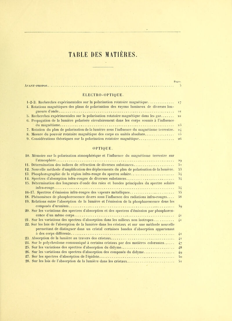 TABLE DES MATIÈRES. Poses. Avant-propos 'î ÉLECTRO-OPTIQUE. 1-2-3. Recherches expérimentales sur la polarisation rotatoire magnétique 17 4. Rotations magnétiques des plans de polarisation des rayons lumineux do diverses lon- gueurs d'onde >.i o. Recherches expérimentales sur la polarisation rotatoire magnétique dans les gaz 11 6. Propagation de la lumière polarisée circulairement dans les corps soumis à l'influence du magnétisme a3 7. Rotation du plan de polarisation de la lumière sous l'influence du magnétisme terrestre. 2 ! 8. Mesure du pouvoir rotatoire magnétique des corps en unités absolues 9. Considérations théoriques sur la polarisation rotatoire magnétique aG OPTIQUE. 10. Mémoire sur la polarisation atmosphérique et l'influence du magnétisme terrestre sur l'atmosphère ag 11. Détermination des indices de réfraction de diverses substances 3 > 12. Nouvelle méthode d'amplification des déplacements du plan de polarisation de la lumière. 33 13. Phosphorographie de la région infra-rouge du spectre solaire 34 14. Spectres d'absorption infra-rouges de diverses substances 3/| 15. Détermination des longueurs d'onde des raies et bandes principales du spectre solaire infra-rouge 3/i 16-17. Spectres d'émission infra-rouges des vapeurs métalliques 35 18. Phénomènes de phosphorescence divers sous l'influence des radiations infra-rouges.... 38 19. Relations entre l'absorption de la lumière et l'émission de la phosphorescence dans les composés d'uranium 39 20. Sur les variations des spectres d'absorption et des spectres d'émission par phosphores- cence d'un même corps 4i 21. Sur les variations des spectres d'absorption dans les milieux non isotropes 41 22. Sur les lois de l'absorption de la lumière dans les cristaux et sur une méthode nouvelle permettant de distinguer dans un cristal certaines bandes d'absorption appartenant à des corps différents 41 23. Absorption de la lumière au travers des cristaux 41 2i. Sur le polychroïsme communiqué à certains cristaux par des matières colorantes 47 25. Sur les variations des spectres d'absorption du didyme 48 26. Sur les variations des spectres d'absorption des composés du didyme 49 27. Sur les spectres d'absorption de l'épidote 5o 28. Sur les lois de l'absorption de la lumière dans les cristaux , 5i