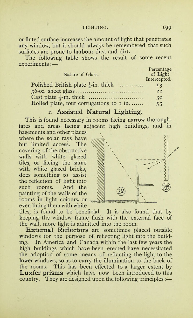 or fluted surface increases the amount of light that penetrates any window, but it should always be remembered that such surfaces are prone to harbour dust and dirt. The following table shows the result of some recent experiments :— Percentage Nature of Glass. of Light Intercepted. 13 22 Polished British plate ^-in. thick 36-oz. sheet glass Cast plate J-in. thick Rolled plate, four corrugations to i in. 30 53 in 2. Assisted Natural Lighting. This is found necessary in rooms facing narrow thorough fares and areas facing adjacent high buildings, and basements and other places where the solar rays have but limited access. The covering of the obstructive walls with white glazed tiles, or facing the same with white glazed bricks, does something to assist the reflection of light into such rooms. And the painting of the walls of the rooms in light colours, or even lining them with white tiles, is found to be beneficial. It is also found that by keeping the window frame flush with the external face of the wall, more light is admitted into the room. External Reflectors are sometimes placed outside windows for the purpose of reflecting light into the build- ing. In America and Canada within the last few years the high buildings which have been erected have necessitated the adoption of some means of refracting the light to the lower windows, so as to carry the illumination to the back of the rooms. This has been effected to a larger extent by Luxfer prisms which have now been introduced to this country. They are designed upon the following principles:—