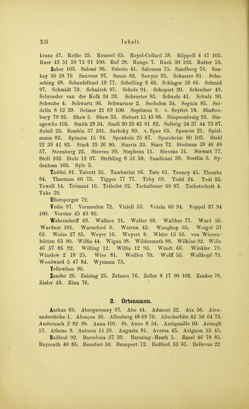 kränz 47. Rothe 25. Roussel 65. Royel-Collard 38. Rüppell 4 47 103. Ruer 43 51 59 72 91 100. Ruf 28. Runge 7. Rush 30 102. Rutter 53. Saher 103. Salemi 96. Salerio 41. Salomen 75. Sandberg 76. San- key 50 58 76 Sauveur 97. Sauze 82. Sawyer 95. Schaerer 81. Scha- sching 68. Schaufelbuel 19 77. Schelling 9 66. Schlager 59 66. Schmid 97. Schmidt 79. Schnirch 97. Scholz 91. Schopart 20. Schreiber 49. Schroeder van der Kolk 34 39. Schroeter 83. Schneie 41. Schulz 90. Schwabe 4. Schwartz 96. Schwartzer 2. Seebohm 34. Seguin 85. Sei- delin 8 12 39. Selmer 21 69 100. Septimus 9. v. Seyfert 18. Shaftes- bury 78 95. Shaw 5. Shew 33. Siebert 15 43 88. Simpsonbraig 23. Sin- ogowitz 103. Smith 29 34. Snell 20 25 43 81 82. Solbrig 34 37 44 73 87. Soleil 23. Sonden 37 101. Sorbsky 89. v. Spee 63. Spencer 21. Spiel- mann 83. Spinoza 15 94. Sponholz 25 87. Spurzheim 80 103. Stahl 22 39 41 83. Stark 25 26 90. Starris 33. Starz 72. Stedman 39 46 48 57. Steenberg 22. Steeves 99. Stephens 11. Stevens 31. Stewart 77. Stoll 102. Stolz 12 97. Stribling 8 51 58. Suadicani 39. Svetlin 5. Sy- denham 103. Syle 5. Taddei 81. Talcott 35. Tamburini 96. Täte 61. Tenney 45. Thombs 84. Thurnam 60 73. Tigges 77 77. Toby 69. Todd 24. Todi 35. Towell 14. Tremant 16. Tribolet 92. Tschallener 69 87. Tschetschott 4. Tuke 39. Ullersperger 72. Vedie 97. Vermeulen 72. Vizioli 53. Voisin 60 94. Voppel 37 94 100. Vorster 45 49 86. Wahrendorff 49. Wallace 21. Walter 89. Walther 77. Ward 56. Wardner 101. Warneford 6. Warren 42. Waughop 65. Weigel 37 62. Weiss 27 85. Weyer 16. Weyert 8. White 13 16. von Wiesen- hütten 63 90. Wiffin 44. Wigan 98. Wildermuth 88. Wilkins 92. Wille 46 57 85 92. Willing 12. Willis 12 93. Windt 66. Winkler 79. Winslow 2 18 25. Wise 81. Woillez 70. Wolff 53. Wollkopf 79. Woodward 5 47 84. Wymann 75. Yellowlees 90. Zander 26. Zeising 23. Zelasco 76. Zeller 8 17 90 102. Zenker 78. Zieler 49. Zinn 76. 2. Ortsnamen. Aarhus 69. Abergavenny 97. Abo 44. Admont 32. Aix 56. Alex- andershöhe 1. Alen^on 26. Allenberg 48 69 70. Altscherbitz 42 50 64 72. Andernach 2 82 98. Anna 101. St. Anne 8 34. Antiquaille 10. Armagh 57. Athens 9. Auburn 11 29. Augusta 81. Aversa 45. Avignon 13 45. Bailleul 92. Barcelona 37 39. Barraing- Heath 5. Basel 46 78 85. Bayreuth 40 85. Beaufort 10. Beauport 72. Bedford 33 61. Bellevue 22