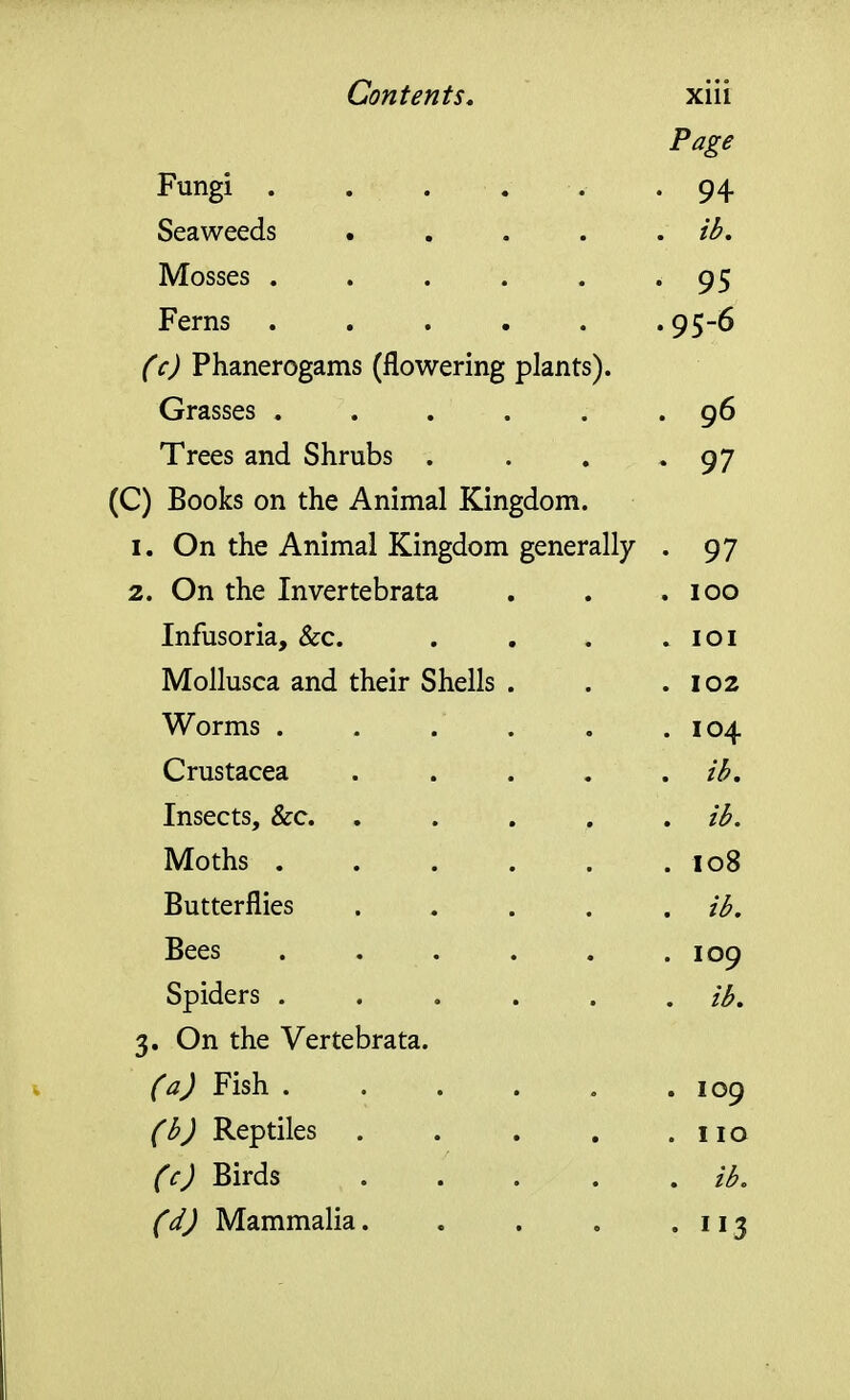 Page Fungi . . . . . .94 Seaweeds • , . . . ib. Mosses 95 Ferns ...... 95-6 (c) Phanerogams (flowering plants). Grasses ...... 96 Trees and Shrubs . . . -97 (C) Books on the Animal Kingdom. 1. On the Animal Kingdom generally . 97 2. On the Invertebrata . . .100 Infusoria, &c. . . . .101 Mollusca and their Shells . . .102 Worms . . . . . .104 Crustacea . . . . . ib. Insects, &c ib. Moths 108 Butterflies ib. Bees ...... 109 Spiders ...... ib. 3. On the Vertebrata. (a) Fish 109 (b) Reptiles . . . , .110 (c) Birds . . . . . ib. (d) Mammalia 113