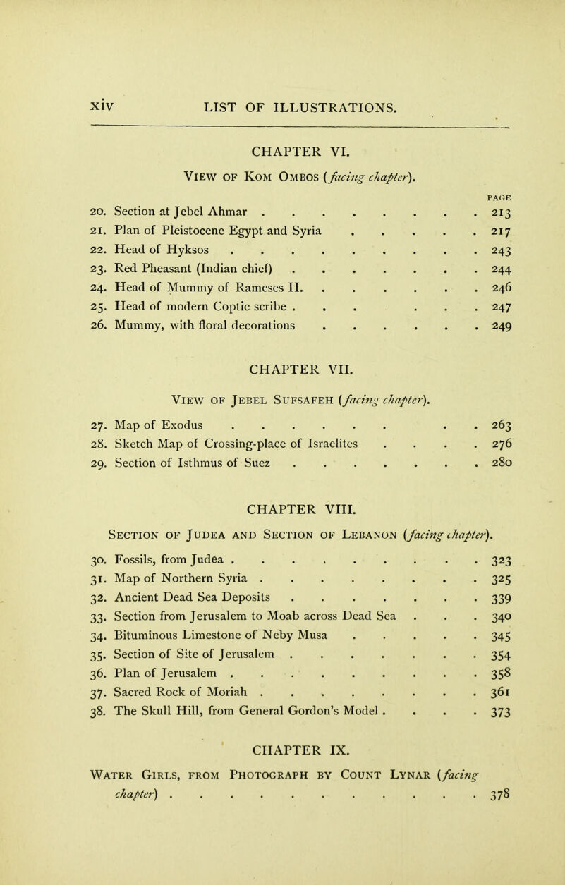 CHAPTER VI. View OF Kom Ombos {facing chapter). PACE 20. Section at Jebel Ahmar . . . . . . . .213 21. Plan of Pleistocene Egypt and Syria . . . . .217 22. Head of Hyksos ......... 243 23. Red Pheasant (Indian chief) 244 24. Head of Mummy of Rameses II 246 25. Head of modem Coptic scribe ....... 247 26. Mummy, with floral decorations ...... 249 CHAPTER VII. View of Jebel Sufsafeh {facing chapter). 27. Map of Exodus . 263 28. Sketch Map of Crossing-place of Israelites .... 276 29. Section of Isthmus of Suez . 280 CHAPTER VIII. Section of Judea and Section of Lebanon {facing chapter). 30. Fossils, from Judea . . , 323 31. Map of Northern Syria . . . . . . . 325 32. Ancient Dead Sea Deposits ....... 339 33. Section from Jerusalem to Moab across Dead Sea . . . 340 34. Bituminous Limestone of Neby Musa 345 35. Section of Site of Jerusalem 354 36. Plan of Jerusalem . . 358 37. Sacred Rock of Moriah ........ 361 38. The Skull Hill, from General Gordon's Model . . . -373 CHAPTER IX. Water Girls, from Photograph by Count Lynar {facing chapter) 378