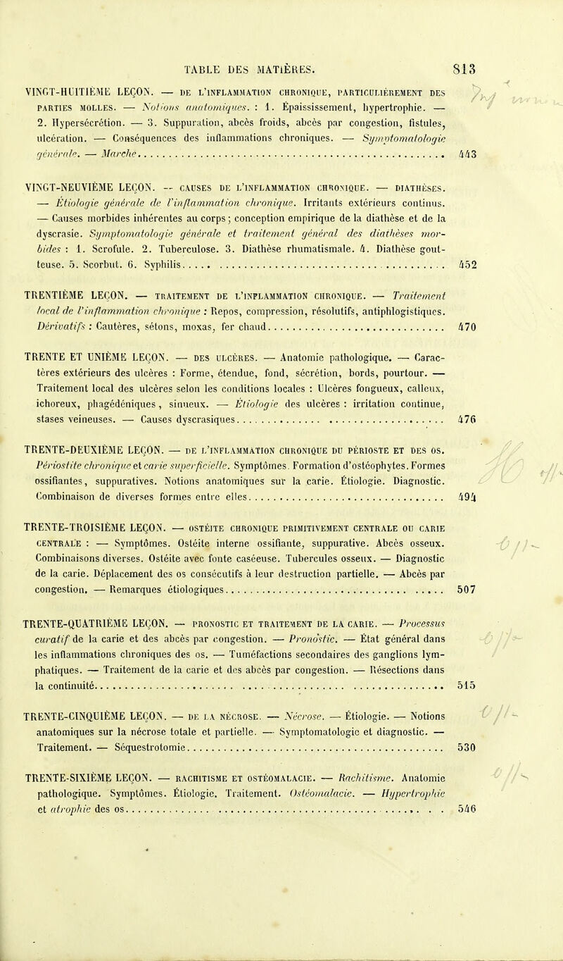 VINGT-HUITIÈME LEÇON. — de l'inflammation chronique, particulièrement des parties molles. -—■ Notions anatomiques. : 1. Épaississemeut, hypertrophie. — 2. Hypersécrétion. — 3. Suppuration, abcès froids, abcès par congestion, fistules, ulcération. — Conséquences des inflammations chroniques. —■ Symptomatologie générale. — Marche 443 VINGT-NEUVIÈME LEÇON. — causes de l'inflammation chronique. — diathèses. — Etiologie générale de l'inflammation chronique. Irritants extérieurs continus. — Causes morbides inhérentes au corps ; conception empirique de la diathèse et de la dyscrasie. Symptomatologie générale et traitement général des diathèses mor- bides : 1. Scrofule. 2. Tuberculose. 3. Diathèse rhumatismale, 4. Diathèse gout- teuse. 5. Scorbut. G. Syphilis 452 TRENTIÈME LEÇON. — traitement de l'inflammation chronique. — Traitement local de l'inflammation chronique : Repos, compression, résolutifs, antiphlog'istiques. Dérivatifs: Cautères, sétons, moxas, fer chaud 470 TRENTE ET UNIÈME LEÇON. — des ulcères. — Anatomie pathologique. — Carac- tères extérieurs des ulcères : Forme, étendue, fond, sécrétion, bords, pourtour. — Traitement local des ulcères selon les conditions locales : Ulcères fongueux, calleux, ichoreux, phagédéniques, sinueux. —■ Ètiologie des ulcères : irritation continue, stases veineuses. — Causes dyscrasiques 476 TRENTE-DEUXIÈME LEÇON. — de l'inflammation chronique du périoste et des os. Périosfite chronique et carie superficielle. Symptômes. Formation d'ostéophytes. Formes ossifiantes, suppuratives. Notions anatomiques sur la carie. Ètiologie. Diagnostic. Combinaison de diverses formes entre elles 49i TRENTE-TROISIÈME LEÇON. — ostéite chronique primitivement centrale ou carie centrale : — Symptômes. Ostéite interne ossifiante, suppurative. Abcès osseux. Combinaisons diverses. Ostéite avec fonte caséeuse. Tubercules osseux. — Diagnostic de la carie. Déplacement des os consécutifs à leur destruction partielle. — Abcès par congestion. —Remarques étiologiques 507 TRENTE-QUATRIÈME LEÇON. — pronostic et traitement de la carie. — Processus curatif de la carie et des abcès par congestion. — Pronostic. — État général dans les inflammations chroniques des os. — Tuméfactions secondaires des ganglions lym- phatiques. — Traitement de la carie et des abcès par congestion. — Résections dans la continuité 515 TRENTE-CINQUIÈME LEÇON. — de la nécrose. — Nécrose. — Ètiologie. - Notions anatomiques sur la nécrose totale et partielle. — Symptomatologie et diagnostic. — Traitement. — Séquestrotomie 530 TRENTE-SIXIÈME LEÇON. — rachitisme et ostéomalacie. — Rachitisme. Anatomie pathologique. Symptômes. Ètiologie. Traitement. Ostéomalacie. — Hypertrophie et atrophie des os . 546