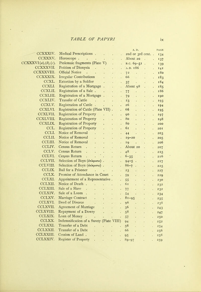 A. D. PAGE CCXXXIV. Medical Prescriptions .... 2nd or 3rd cent. . '34 ccxxxv. Horoscope ...... About 20 137 CCXXXVI (α), (£),(<·). Ptolemaic fragments (Plate V) b.c. 69-51 . x39 CCXXXVII. Petition of Dionysia .... a.d. 186 141 CCXXXVIII. Official Notice 72 180 CCXXXIX. Irregular Contributions . . · . 66 183 CCXL. Extortion by a Soldier 37 · 184 CCXLI. Registration of a Mortgage . About 98 . 185 CCXLII. Registration of a Sale .... 11 186 CCXLIII. Registration of a Mortgage . 19 · 190 CCXLIV. Transfer of Cattle .... 23 193 CCXLV. Registration of Cattle .... 26 194 CCXLVI. Registration of Cattle (Plate VII) . 66 195 CCXLVII. Registration of Property 90 197 CCXLVIII. Registration of Property 80 198 CCXLIX. Registration of Property 80 200 CCL. Registration of Property 61 201 CCLI. Notice of Removal .... 44 203 CCLIL Notice of Removal .... 19-20 205 CCLIII. Notice of Removal .... 19 206 CCLIV. Census Return ..... About 20 . 207 CCLV. Census Return ..... 48 . . . 215 CCLVI. Census Return . . 6-35 216 CCLVII. Selection of Boys (έπίκρισις) . 94-5 · · 217 CCLVIII. Selection of Boys («rticpt<ns) . 86-7 . 225 CCLIX. Bail for a Prisoner .... 23 227 CCLX. Promise of Attendance in Court . 59 · 229 CCLXI. Appointment of a Representative . 55 230 CCLXII. Notice of Death 61 232 CCLXIII. Sale of a Slave ..... 77 232 CCLXIV. Sale of a Loom ..... 54 234 CCLXV. Marriage Contract .... 81-95 235 CCLXVI. Deed of Divorce .... 96 . . . 238 CCLXVII. Agreement of Marriage 36 · . . 243 CCLXVIII. Repayment of a Dowry 58 . 247 CCLXIX. Loan of Money ..... 57 250 CCLXX. Indemnification of a Surety (Plate ΛΤΙΙ) 94 252 CCLXXI. Transfer of a Debt .... 56 . 254 CCLXXII. Transfer of a Debt .... 66 256 CCLXXIII. Cession of Land ..... 95 · 258 CCLXXIV. Register of Property .... 89-97 259