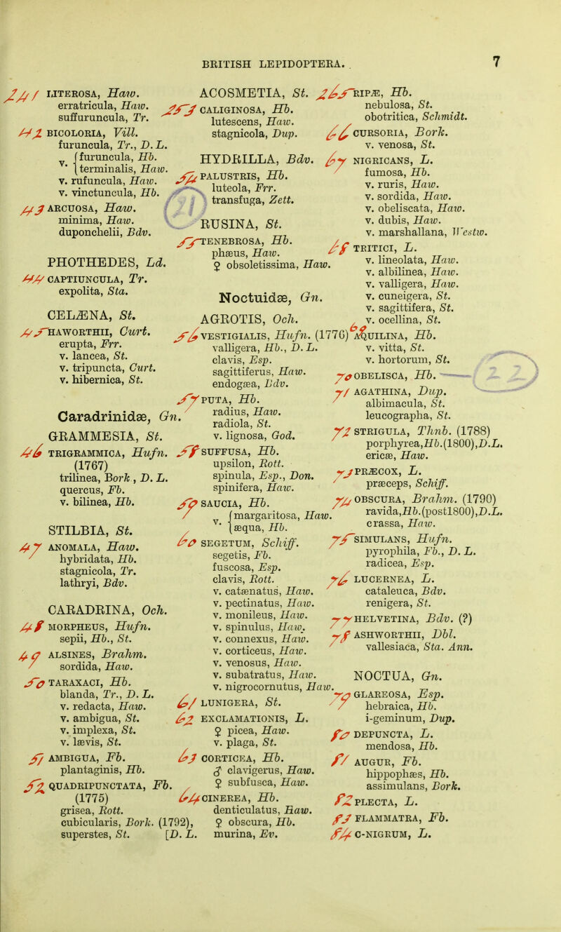 J!/// mterosa, Haw. erratricula, Haw. suffuruncula, Tr /-/X bicoloria, Vill. furuncula, Tr., D.L. | furuncula, Hb. v' jterminalis, Haw. v. rufuncula, Haw. v. vinctuncula, Hb. // J arcuosa, Haw. minima, Haw. duponchelii, Bdv. PHOTHEDES, Ld. CAPTIUNCULA, Tr. expolita, Sta. CEL^NA, St. ^^HAWORTHII, Curt. erupta, Frr. v. lancea, St. v. tripuncta, Curt. v. hibernica, St. ACOSMETIA, St. J&~J CALIGINOSA, Hb. lutescens, Haw. stagnicola, Dup. HYDRILLA, Bdv. ^^PALUSTRIS, Hb. ^n. luteola, Frr. transfuga, Zett. RUSINA, St. ^/y-TENEBROSA, Hb. phaeus, Haw. 2 obsoletissima, RlPiE, Hb. nebulosa, St. obotritica, Schmidt. ^^TcuRSORiA, Boric, v. venosa, St. NIGRICANS, L. fumosa, Hb. v. ruris, Haw. v. sordida, Haw. v. obeliscata, Haw. v. dubis, Haw. v. marshallana, Westw. TRITICI, L. v. lineolata, Haw. v. albilinea, Haw. v. valligera, Haw. Noctuidse, Gn. v. cuneigera, St. v. sagittifera, St. AGROTIS, Och. ^ v. ocellina, St. ^^vestigialis, Hufn. (177G) a^uilina, Hb. valligera, Hb., D.7 clavis, Esp. sagittiferus, Haw. Haw. v. vitta, St. v. hortorum, St. *7 Caradrinidse, Gn, GRAMME SIA, St. TRIGRAMMICA, Huffl. (1767) trilinea, Bork., D. L. quercus, Fb. v. bilinea, Hb. STILBIA, St. ANOMALA, Haw. hybridata, Hb. stagnicola, Tr. lathryi, Bdv. endogaea, Bdv yy-pwrA, Hb. radius, Haw. radiola, St. v. lignosa, God. ^T^suffusa, Hb. upsilon, Bott. spinula, Esp., Don. spinifera, Haw. ^2>saucia, Hb. / (margai itosa, Haw. jaequa, Hb. SEGETUM, ScJliff. segetis, Fb. fuscosa, Esp. clavis, Bott. v. catsenatus, Haio. CAKADBINA, OcH. Ijg^gZ //f morpheus, Hufn. v. spinulus, Haw. sepii, Hb., St. v. connexus, Haw. A <? alsines, Brahm. v- corticeus, Haw. / sordida, Haw. v- venosus, Haw. jj-, v. subatratus, Haw. TARAXAOI, jtLo. v nigrocornutus, Haw blanda, Tr., D.L. / v. redacta, Haw. ^/lunigera, bt. v. ambigua, St. exclamationis, L, v. implexa, St. 2 picea, Haw. v. laavis, St. v. plaga, St. £/ ambigua, Fb. £j corticea, Hb. plantaginis, Hb. $ clavigerus, Haw, f£ quadripunctata, Fb. 2 subfusca, Haw. (1775) ^>^CINEREA» Hb. grisea, Bott. denticulatus, Haw. cubicularis, Boric. (1792), ? obscura, Hb. superstes, St. [D. L. murina, Ev. j7<?obelisca, Hb. — j/ AGATHINA, Blip. albimacula, St. leucographa, St. Yjr strigula, Thnb. (1788) porphyrea>H6.(1800)>D.L. ericaa, Haw. -r-jrprecox, L. prasceps, Schiff. y/j obscura, Brahm. (1790) ravida,i2 6. (postlSOO) ,D.L. crassa, Haw. simulans, Hufn. pyrophila, Fb., D. L. radicea, Esp. r£ LUCERNEA, L. cataleuca, Bdv. renigera, St. HELVETINA, Bdv. (?) ASHWORTHII, Dbl. vallesiaca, Sta. Ann. 7 7/ NOCTUA, Gn. Vtf GLAREOSA, Esp. ' / hebraica, Hb. i-geminum, Dup. f& DEPUNCTA, L. mendosa, Hb. f/ AUGUR, Fb. hippophaes, Hb. assimulans, Bork. /^plecta, L. fj FLAMMATRA, Fb. ^<rC-NIGRUM, L.