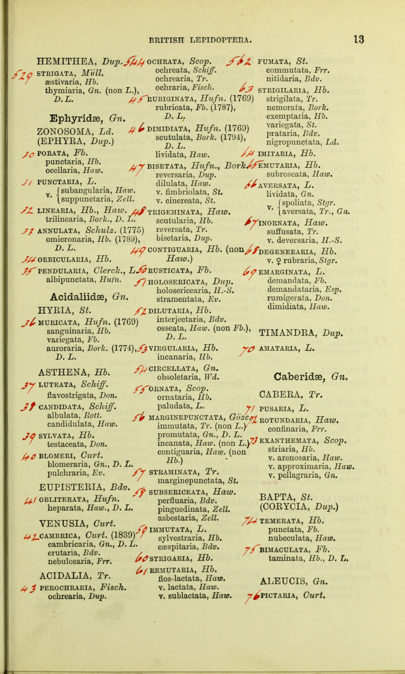 fZ9 HEMITHEA, Dup.ffrff ochrata, Scop. STRIGATA, Midi. ochreata, Schiff. gestivaria, Hb. thymiaria, Gn. (non L.), oclirearia, Tr. ochraria, Fisch. D.L. Ephyridse, Gn ZONOSOMA, Ld. (EPHYBA, Dup.) JO PORATA, Fb. punctaria, Hb. ocellaria, Haw. J/ PUNCTARIA, L. (subangularia, Haw. v (suppunctaria, Zell. //>rubiginata, Hufn. (1769) rubricata, Fb. (1787), D. L. # dimidiata, Hufn. (1769) scutulata, Bork. (1791), D. L. FUMATA, St. commutata, Frr. nitidaria, Bdv. STRIGILARIA, Hb. strigilata, Tr. nemorata, Bork. exemptaria, Hb. variegata, St. prataria, Bdv. nigropunctata Ld. lividata, Raw. /# imitaria, Hb. //^ BISETATA, Hufll., Borh//EMVTARIA, Hb. reversaria, Dup. dilulata, Haw. v. fimbriolata, St. v. cinereata, St. subroseata, Haw. Raversata, L. lividata, Gn. jspoliata, Stgr. v* (aversata, Tr., Gn. ^/iNORNATA, Haw. SZ linearia, Hb., Haio. ^/trigeminata, Haw. trilinearia, Bork., D. L. scutularia, Hb. J? annulata, Scliulz. (1775) reversata, Tr. omicronaria, Hb. (1789), bisetaria, Dup. D.L. ^contiguaria, Hb. (non//DEGENERARIA> 2?6. ^ORBICULARIA, Hb. Haw.) v. $ rubraria, Stgr. PENDULARIA, ClercJc, L^RUSTICATA, Fb. EMARGINATA, L. albipunctata, Hufn. /^holosericata, Dup. demandata, Fb. ■ i t • i holosericearia, H.-S. Acidallldse, Cm. stramentata, Ev. HYBIA, St. /^dilutaria, Hb. //muricata, Hufn.ilim interjectaria, Bdv. sanguinaria, Hb. osseata, Haw. (non Fb variegata, Fb. auroraria, Bork. (1774),^virgularia, Hb. incanaria, Hb. ^CIRGELLATA, Gn. obsoletaria, Wd. /yORNATA, Scop. ornataria, Hb. paludata, L. suffusata, Tr. v. deversaria, H.-S. demandataria, Esp. rumigerata, Don. dimidiata, Haw. D. L. ASTHENA, Hb. jy luteata, Schiff. TIMANDBA, Dap. y& amataria, L. flavostrigata, Don. Jf CANDIDATA, Scliiff. albulata, Bott. candidulata, Haw. J a sylvata, Hb. ' testaceata, Don. Caberidae, Gn. CABEEA, Tr. Jf PUSARIA, L. Tr. marginepunctata, St. fa>0 BLOMERI, Curt. blomeraria, Gn., D. L. pulchraria, Ev. /y straminata, EUPISTERIA, B^.^SUBSEEICEAIA| obliterata, Hufn. perfluaria, Bdv. heparata, Haw., D. L. pinguedinata, Zell. T7Tn.TTT„TA asbestaria, Zell. VENUSIA, Curt. ~ T ^cambrica, Curt. (1839) 7 sylvestraria, Hb. cambncaria, Gn., D. L. C£espitaria, Bdv. STRIGARIA, Hb. ^/REMUTARIA, Hb. flos-lactata, Haw. v. lactata, Haw. ft MARGINEPUNCTATA, Gdze% R0TUNDARIA, HOW. immutata, Tr. (non L.y confinaria, Frr. promutata, Gn., D.L. t incanata, Haw. (non L.fJ exanthemata, Scop contiguaria, Haio. (non striana, Hb. Hb.) erutaria, Bdv. nebulosaria, Frr. ACID ALIA, Tr. 4j PEROCHRARIA, Fisch ochrearia, Dup. v. sublactata, Haw. v. arenosaria, Haio. v. approximaria, Haw. v. pellagraria, Gn. BAPTA, St. (COEYCIA, Dup.) /^Vtemerata, Hb. punctata, Fb. nubeculata, Haw. ^/bimaculata, Fb. taminata, Hb., D. L. ALEUCIS, Gn. ^^PICTARIA, Curt.