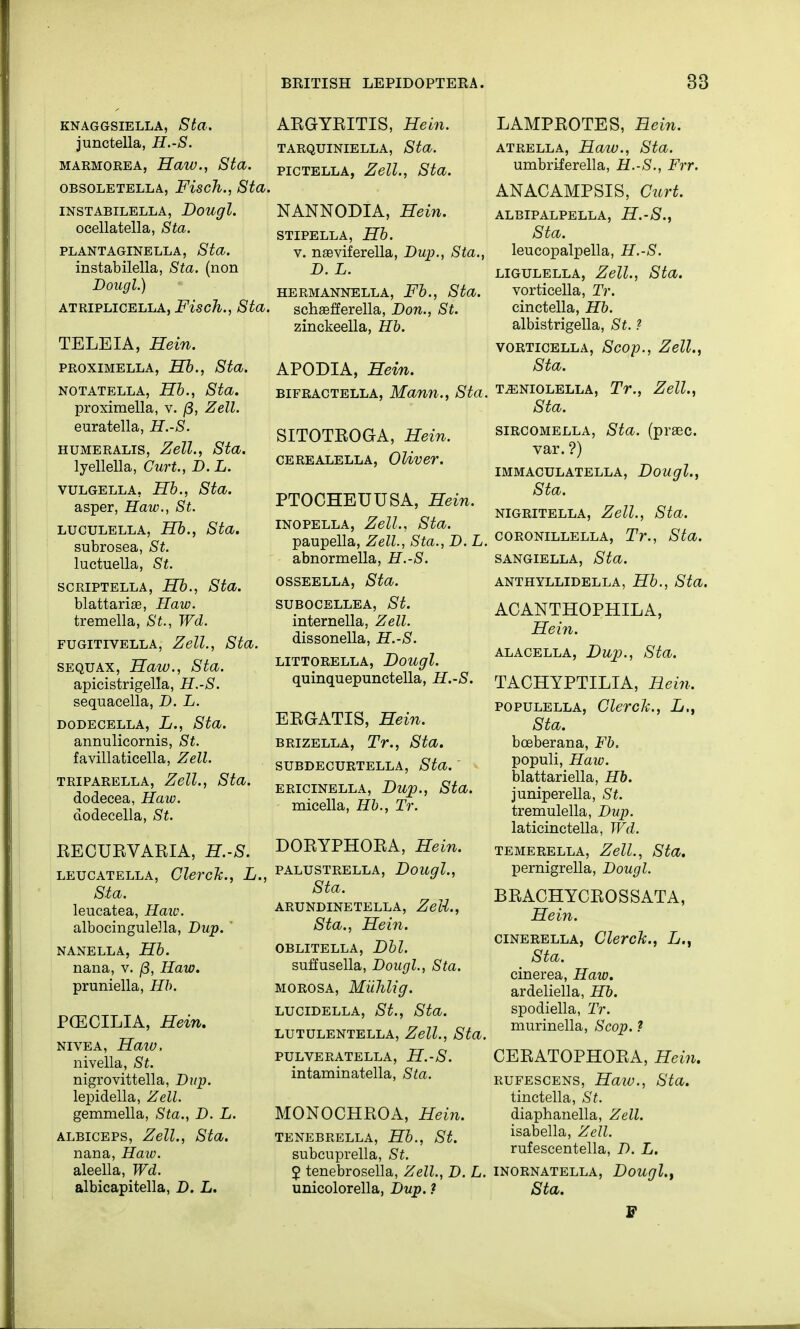 KNAGGSIELLA, Sta. junctella, H.-S. marmorea, Haw., Sta. OBSOLETELLA, Fiscll., Sta. INSTABILELLA, Dougl. ocellatella, Sta. PLANTAGINELLA, Sta, instabilella, Sta. (non Dougl.) atriplicella, Fisch., Sta. TELEIA, Hein. proximella, Hb., Sta. notatella, Hb., Sta. proximella, v. (3, Zell. euratella, H.-S. humeralis, Zell., Sta. lyellella, Curt., D. L. vulgella, Hb., Sta. asper, Haw., St. luculella, Hb., Sta. subrosea, St. luctuella, St. scriptella, Hb., Sta. blattarias, Haw. tremella, St., Wd. fugitivella, Zell., Sta. sequax, Haw., Sta. apicistrigella, H.-S. sequacella, D. L. DODECELLA, L., Sta. annulicornis, St. favillaticella, Zell. triparella, Zell., Sta. dodecea, Haw. dodecella, St. RECURVARIA, H.-S. leucatella, ClercJc., L., Sta. leucatea, Haw. albocingulella, Dup. NANELLA, Hb. nana, v. (3, Haw. pruniella, Hb. PCECILIA, Hein. nivea, Haiv, nivella, St. nigrovittella, Dup. lepidella, Zell. gemmella, Sta., D. L. albiceps, Zell., Sta. nana, Haio. aleella, Wd. albicapitella, D. L. ARGYRITIS, Hein. TARQUINIELLA, Sta. pictella, Zell., Sta. NANNODIA, Hein. STIPELLA, Hb. v. naeviferella, Dup., Sta., D. L. HERMANNELLA, Fb., Sta. schasfferella, Don., St. zinckeella, Hb. APODIA, Hein. bifractella, Mann., Sta, SITOTROGA, Hein. cerealella, Oliver. PTOCHEUUSA, Hein. inopella, Zell., Sta. paupella, Zell., Sta., D. L, abnormella, H.-S. osseella, Sta. SUBOCELLEA, St. internella, Zell. dissonella, H.-S. LITTORELLA, Dougl. quinquepunctella, H.-S. ERGATIS, Hein. brizella, Tr., Sta. SUBDECURTELLA, Sta. ' ERICINELLA, Dup., Sta. micella, Hb., Tr. DORYPHORA, Hein. PALUSTRELLA, Dougl., Sta. ARUNDINETELLA, Zell., Sta., Hein. OBLITELLA, Dbl. suffusella, Dougl., Sta. morosa, Muhlig. LUCIDELLA, St., Sta. LUTULENTELLA, Zell., Sta. PULVERATELLA, H.-S. intaminatella, Sta. MONOCHROA, Hein. TENEBRELLA, Hb., St. subcuprella, St. 2 tenebrosella, Zell., D. L. unicolorella, Dup. ? LAMPROTES, Hein. atrella, Haw., Sta. umbriferella, H.-S., Frr. ANACAMPSIS, Curt. ALBIPALPELLA, H.-S., Sta. leucopalpella, H.-S. ligulella, Zell., Sta. vorticella, Tr. cinctella, Hb. albistrigella, St.? VORTICELLA, Scop., Zell., Sta. T.5SNIOLELLA, Tr., Zell., Sta. sircomella, Sta. (praec. var. ?) IMMACULATELLA, Dougl., Sta. NIGRITELLA, Zell., Sta. coronillella, Tr., Sta. SANGIELLA, Sta. anthyllidella, Hb., Sta. ACANTHOPHILA, Hein. alacella, Dup., Sta. TACHYPTILIA, Hein. populella, Clerck., L., Sta. boeberana, Fb. populi, Haw. blattariella, Hb. juniperella, St. tremulella, Dup. laticinctella, Wd. temerella, Zell., Sta, pernigrella, Dougl. BRACHYCROSSATA, Hein. cinerella, Clerch., L., > Sta. cinerea, Haw. ardeliella, Hb. spodiella, Tr. murinella, Scop. ? CERATOPHORA, Hein. rufescens, Haw., Sta. tinctella, St. diaphanella, Zell. isabella, Zell. rufescentella, D. L. inornatella, Dougl., Sta. F