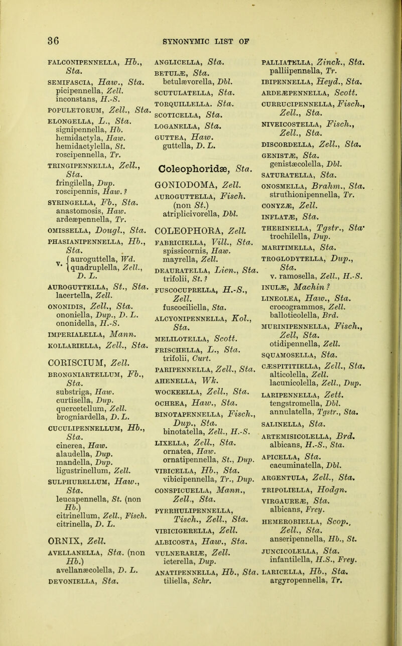 FALCONIPENNELLA, Hb., Sta. semifascia, Haw., Sta. picipennella, Zell. inconstans, H.-S. populetorum, Zell., Sta. ELONGELLA, L., Sta. signipennella, Hb. hemidactyla, Haio. hemidactylella, St. roscipennella, Tr. TRINGIPENNELLA, Zell., Sta. fringilella, Dup. roscipennis, Haw. ? SYRINGELLA, Fb., Sta. anastomosis, Haw. ardeaspennella, Tr. omissella, Dough, Sta. PHASIANIPENNELLA, HI., Sta. f auroguttella, Wd. ' (quadruplella, Zell., D. L. AUROGUTTELLA, St., Sta. lacertella, Zell. ononidis, Zell., Sta. ononiella, Dup., D. L. ononidella, H.-S. imperialella, Mann. KOLLARIELLA, Zell., Sta. COBISCIUM, Zell. BRONGNIARTELLUM, Fb., Sta. substriga, Haw. curtisella, Dup. quercetellum, Zell. brogniardella, D.L. CUCULIPENNELLUM, Hb., Sta. cinerea, Haw. alaudella, Dup. mandella, Dup. ligustrinellum, Zell. SULPHURELLUM, Haw., Sta. leucapennella, St. (non Hb.) citrinellum, Zell., Fisch. citrinella, D. L. OBNIX, Zell. avellanella, Sta. (non Hb.) avellansecolella, D. L. DEVONIELLA, Sta. anglicella, Sta. BETULiE, Sta. betulgevorella, Dbl. SCUTULATELLA, Sta. TORQUILLELLA. Sta. SCOTICELLA, Sta. LOGANELLA, Sta. GUTTEA, HaiV. guttella, D. L. Coleophoridse, Sta. GONIODOMA, Zell. AUROGUTTELLA, FiscTl. (non St.) atriplicivorella, DM. COLEOPHOEA, Zell FABRICIELLA, Vill., Sta. spissicornis, Haw. mayrella, Zell. deauratella, Lien., Sta, trifolii, St. ? FUSCOCUPRELLA^ H.-S., Zell. fuscociliella, Sta. ALCYONIPENNELLA, Kol., Sta. MELILOTELLA, Scott. FRISCHELLA, L., Sta. trifolii, Curt. PARIPENNELLA, Zell., Sta. AHENELLA, W~k. wockeella, Zell., Sta. ochrea, Haw., Sta. binotapennella, Fisch., Dup., Sta. binotatella, Zell., H.-S. lixella, Zell., Sta. ornatea, Haw. ornatipennella, St., Dup. vibicella, Hb., Sta. vibicipennella, Tr., Dup. conspicuella, Ma.nn., Zell,, Sta. PYRRHULIPENNELLA, Tisch., Zell., Sta. VIBICIGERELLA, Zell. albicosta, Haw., Sta. VULNERARLE, Zell. icterella, Dup. ANATIPENNELLA, Hb., Sta, tiliella, Schr. palliatella, ZincTc., Sta. palliipenn8lla, Tr. ibipennella, Heyd., Sta. ARDE^PENNELLA, Scott. CURRUCIPENNELLA, Fistfl., Zell., Sta. NIVEICOSTELLA, Fiscll., Zell., Sta. discordella, Zell., Sta. GENISTiE, Sta. genistascolella, Dbl. SATURATELLA, Sta. onosmella, Brahm., Sta. struthionipennella, Tr. conyz^e, Zell. INFLATE, Sta. therinella, Tgstr., Sta' trochilella, Dup. MARITIMELLA, Sta. troglodytella, Dup., Sta. v. ramosella, Zell., H.-S. iNULiE, Machin? lineolea, Haw., Sta. crocogrammos, Zell. balloticolella, Brd. MURINIPENNELLA, Fisch., Zell, Sta. otidipennella, Zell. SQUAMOSELLA, Sta. c^spititiella, Zell., Sta. alticolella, Zell. lacunicolella, Zell., Dup. LARIPENNELLA, Zett. tengstromella, Dbl. annulatella, Tgstr., Sta. SALINELLA, Sta. ARTEMISICOLELLA, Brd. albicans, H.-S., Sta. apicella, Sta. cacuminatella, Dbl. argentula, Zell., Sta. TRIPOLIELLA, Hodgn. VIRGAUREiE, Sta. albicans, Frey. hemerobiella, Scop. Zell., Sta. anseripennella, Hb., St. juncicolella, Sta. infantilella, H.S., Frey. laricella, Hb., Sta. argyropennella, Tr,