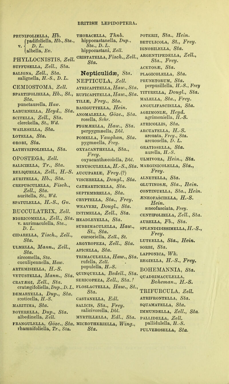 PRUNIFOLIELLA, Hb. (padifoliella, Hb., Sta., D. L. albella, Ev. PHYLLOCNISTIS, Zell. suffusella, Zell., Sta. saligna, Zell., Sta. salignella, H.S., D. L. CEMIOSTOMA, Zell. SPARTIFOLIELLA, Hb., St., Sta. punctaurella, Haiv. laburnella, Heyd., Sta. scitella, Zell., Sta. clerckella, St., Wd. WAILESELLA, Sta. LOTELLA, Sta. orobi, Sta. LATHYRIFOLIELLA, Sta. OPOSTEGA, Zell. SALICIELLA, Tr., Sta. RELIQUELLA, Zell., H.-S. AURITELLA, Hb., Sta. CREPUSCULELLA, Fisch., Zell., Sta. auritella, St., Wd. SPATULELLA, H.-S., Gn. B.UOCULATEIX, Zell. nigricomella, Zell., Sta. v. aurimaculella, Sta., D. L. CIDARELLA, Tiscll., Zell., Sta. ulmella, Mann., Zell., Sta. sircomella, Sta. cuculipennella, Haio. artemisiella, H.-S. vetustella, Mann., Sta. CRAT.EGI, Zell., Sta. crateegif oliella, Dup., D. L. DEMARYELLA, Dup., Sta. scoticella, H.-S. MARITIMA, Sta. BOYERELLA, Blip., Sta. albedinella, Zell. FRANGULELLA, Gbze., Sta. rhamnifoliella, Tr., Sta. THORACELLA, Thnb. hippocastanella, Dup., Sta., D. L. hippocastani, Zell. CRISTATELLA, Fiscll., Zell., Sta. Neptieulidae, Sta. NEPTICULA, Zell. ATRICAPITELLA, HaW., Sta. ruficapitella, Haiv., Sta. tille, Frey., Sta. BASIGUTTELLA, Hein. ANOMALELLA, Gbze., Sta. rosella, Schr. pygm^eella, Haw., Sta. perpygmaeella, Dbl. pomella, Vaughan, Sta. pygma3ella, Frey. OXYACANTHELLA, Sta., Frey. oxyacanthascolella, Dbl. MINUSCULELLA, H.-S., Sta. aucuparle, Frey. (?) viscerella, Dougl., Sta. catharticella, Sta. SEPTEMBRELLA, Sta. cryptella, Sta., Frey. weaveri, Dougl., Sta. intimella, Zell., Sta. headleyella, Sta. subbimaculella, Haw., St., Sta. cursoriella, Zell., St. argyropeza, Zell., Sta. apicella, Sta. trimaculella, Haw., Sta. rufella, Zell. populella, H.-S. quinquella, Bedell., Sta. sericopeza, Zell., Sta. ? FLOSLACTELLA, Haw., St., Sta. CASTANELLA, Edl. salicis, Sta., Frey. salicivorella, Dbl. MYRTILLELLA, Edl., Sta. microtheriella, Wing., Sta. poterii, Sta., Hein. betulicola, St., Frey. IGNOBILELLA, Sta. argentipedella, Zell., Sta., Frey. ACETOSiE, Sta. PLAGICOLELLA, Sta. PRUNETORUM, Sta. perpusillella, H.-S., Frey tityrella, Dougl., Sta. malella, Sta., Frey. ANGULIFASCIELLA, Sta. agrimonle, Heyd. agrimoniella, H.-S. atricollis, Sta. ARCUATELLA, H.-S. arcuata, Frey., Sta. arcuosella, D. L. GRATIOSELLA, Sta. aurella, H.-S. ulmivora, Hein., Sta. MARGINICOLELLA, Sta., Frey. ALNETELLA, Sta. glutinos^:, Sta., Hein. continuella, Sta., Hein. iENEOFASCIELLA, H.-S. Hein. seneofasciata, Frey. CENTIFOLIELLA, Zell, Sta. AURELLA, Fb., Sta. SPLENDIDISSIMELLA, H.-S.. Frey. luteella, Sta., Hein. sorbi, Sta. LAPPONICA, Wh. regiella, H.-S., Frey. BOHEMANNIA, Sta. QUADRIMACULELLA, Boheman., H.-S. TKIFUBCULA, Zell. ATRIFRONTELLA, Sta. SQUAMATELLA, Sta. IMMUNDELLA, Zell., Sta. PALLIDELLA, Zell. pallidulella, H.-S. PULVEROSELLA, Sta.