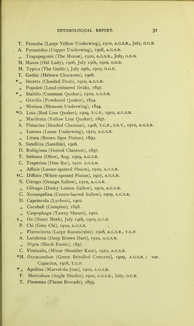 T. Pronuba (Large Yellow Underwing), 1910, A.G.S.R., July, O.G.B. A. Pyramidea (Copper Underwing), 1908, A.G.S.R. „ Tragopogonis (The Mouse), 1910, A.G.S.R., July, O.G.B. M. Maura (Old Lady), 1906, July 19th, 1910, o.G.B. M. Typica (The Gothic), July 29th, 1910, O.G.B. T. Gothic (Hebrew Character), 1906. *„ Incerta (Clouded Drab), 1910, A.G.S.R. „ Populeti (Lead-coloured Drab), 1897. *„ Stabilis (Common Quaker), 1910, A.G.S.R. ,, Gracilis (Powdered Quaker), 1894. „ Miniosa (Blossom Underwing), 1894. *0. Lota (Red Line Quaker), 1909, T.G.P., 1910, A.G.S.R. „ Macilenta (Yellow Line Quaker), 1897. A. Pistacina (Beaded Chestnut), 1908, T.G.P., S.E.T., 1910, A.G.S.R. „ Lunosa (Lunar Underwing), 1910, A.G.S.R. „ Litura (Brown Spot Pinion), 1899. S. Satellitia (Satellite), 1906. D. Rubiginea (Dotted Chestnut), 1897. T. Subtusa (Olive), Aug. 1909, A.G.S.R. C. Trapezina (Dun Bar), 1910. A.G.S.R. „ Affinis (Lesser-spotted Pinion), 1910, A.G.S.R. fC. Diffinis (White-spotted Pinion), 1907, A.G.S.R. X. Citrago (Orange Sallow), 1910, A.G.S.R. „ Gilvago (Dusky Lemon Sallow), 1910, A.G.S.R. C. Xerampelina (Centre-barred Sallow), 1909, A.G.S.R. D. Capsincola (Lychnis), 1902. „ Cucubali (Campion), 1898. ,, Carpophaga (Tawny Shears), 1902. f „ Oo (Heart Moth), July 14th, 1910, O.G.B. P. Chi (Grey Chi), 1910, A.G.S.R. „ Flavocincta (Large Ranunculus), 1908, A.G.S.R., T.G.P. A. Lutulenta (Deep Brown Dart), 1910, A.G.S.R. „ Nigra (Black Rustic), 1897. C. Viminalis, (Minor Shoulder Knot), 1910, A.G.S.R. *M. Oxyacanthae (Green Brindled Crescent], 1909, A.G.S.R. ; var. Capucina, 1908, T.G.P. * „ Aprilina (Marvel-du-Jour), 1910, A.G.S.R. P. Meticulosa (Angle Shades), 1910, A.G.S.R., July, O.G.B. T. Flammea (Flame Brocade), 1895.