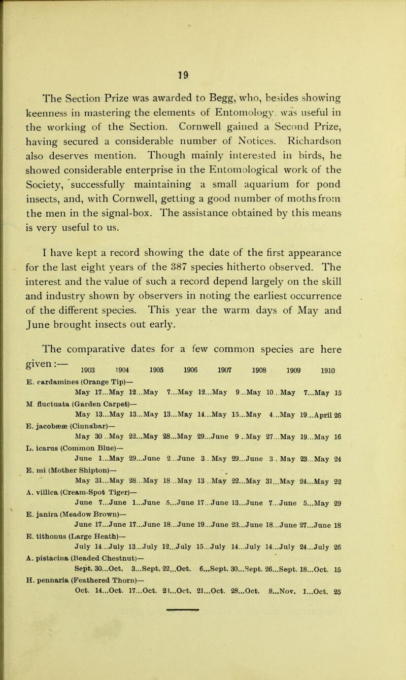 The Section Prize was awarded to Begg, who, besides showing keenness in mastering the elements of Entomology, was useful in the working of the Section. Cornwell gained a Second Prize, having secured a considerable number of Notices. Richardson also deserves mention. Though mainly interested in birds, he showed considerable enterprise in the Entomological work of the Society, successfully maintaining a small aquarium for pond insects, and, with Cornwell, getting a good number of moths from the men in the signal-box. The assistance obtained by this means is very useful to us. I have kept a record showing the date of the first appearance for the last eight years of the 387 species hitherto observed. The interest and the value of such a record depend largely on the skill and industry shown by observers in noting the earliest occurrence of the different species. This year the warm days of May and June brought insects out early. The comparative dates for a few common species are here given. igo3 igo4 igog igQ6 igo7 igQ8 igog 1910 E. cardamines (Orange Tip)— May 17...May 12...May 7...May 12...May 9 ..May 10 . May 7...May 15 M fluctuata (Garden Carpet)— May 13...May 13...May 13...May 14...May 15...May 4...May 19...April 26 E. jacobsese (CinnaCbar)— May 30 ..May 22...May 28...May 29...June 9 ..May 27...May 19...May 16 L. icarus (Common Blue)— June l...May 29...June 2...June 3 May 29...June 3 . May 23 ..May 24 E. mi (Mother Shipton)— May 31...May 28...May 18...May 13 ..May 22...May 31...May 24...May 22 A. villica (Cream-Spot Tiger)— June 7...June l...June 5...June 17 ..June 13...June 7...June 5...May 29 E. janira (Meadow Brown)— June 17...June 17...June 18 ..June 19...June 23...June 18...June 27...June 18 E. tithonus (Large Heath)— July 14...July 13...July 12...July 15...July 14...July 14...July 24...July 26 A. pistacina (Beaded Chestnut)— Sept. 30...Oct. 3...Sept. 22...Oct. 6...Sept. 30...Sept. 26...Sept. 18...Oct. 15 H. pennaria (Feathered Thorn)— Oct. 14...Oct. 17...Oct. 25...Oct. 21...Oct. 28...0ct. 8...Nov. 1...0ct. 25