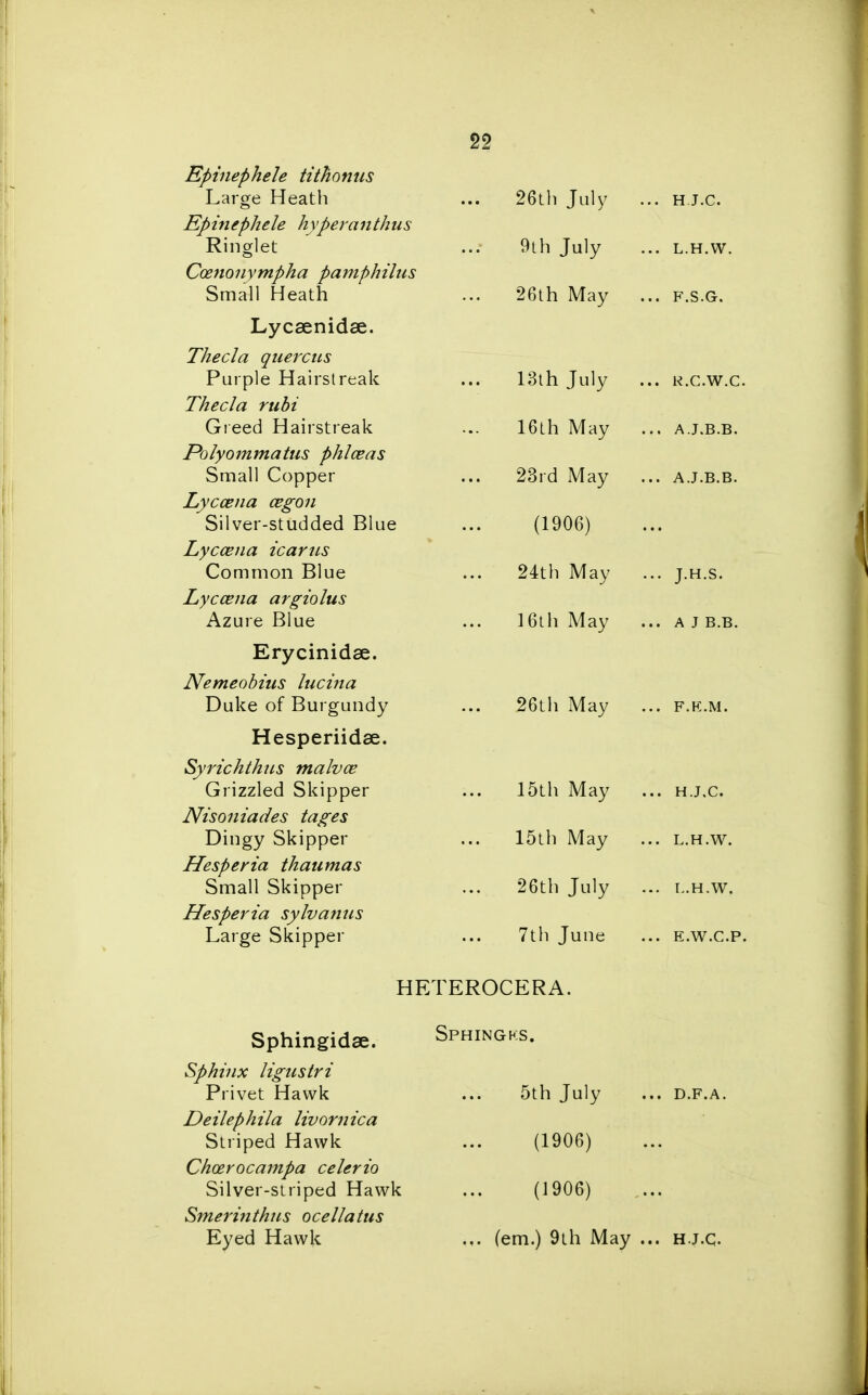 Epinephele tithonas Large Heath Epinephele hyperanthus Ringlet Coenonympha pamphilus Small Heath Lycaenidse. Thecla quercus Purple Hairstreak Thecla rubi Greed Hairstreak Polyommatus phlceas Small Copper Lyccena cegon Silver-studded Blue Lyccena icarns Common Blue Lyccena argiolus Azure Blue Erycinidse. Nemeobius lucina Duke of Burgundy Hesperiidae. Syrichthns malvce Grizzled Skipper Nisoniades tages Dingy Skipper Hesperia thaumas Small Skipper Hesperia sylvanus Large Skipper 26th July 9th July 26th May 13th July 16th May 23rd May (1906) 24th May 16th May 26th May 15th May 15th May 26th July 7th June HETEROCERA. Sphingidae. Sphinx lignstri Privet Hawk Deilephila livornica Striped Hawk Cheerocampa celerio Silver-striped Hawk Smerinthns ocellatus Eyed Hawk Sphingks. h.j.c. L.H.W. F.S.G. R.C.W.C. AJ.B.B. AJ.B.B. J.H.S. A J B.B. F.K.M. H.J.C. L.H.W. L.H.W. E.W.C.P. 5th July ... D.F.A. (1906) (1906) (em.) 9th May ... hj.q.