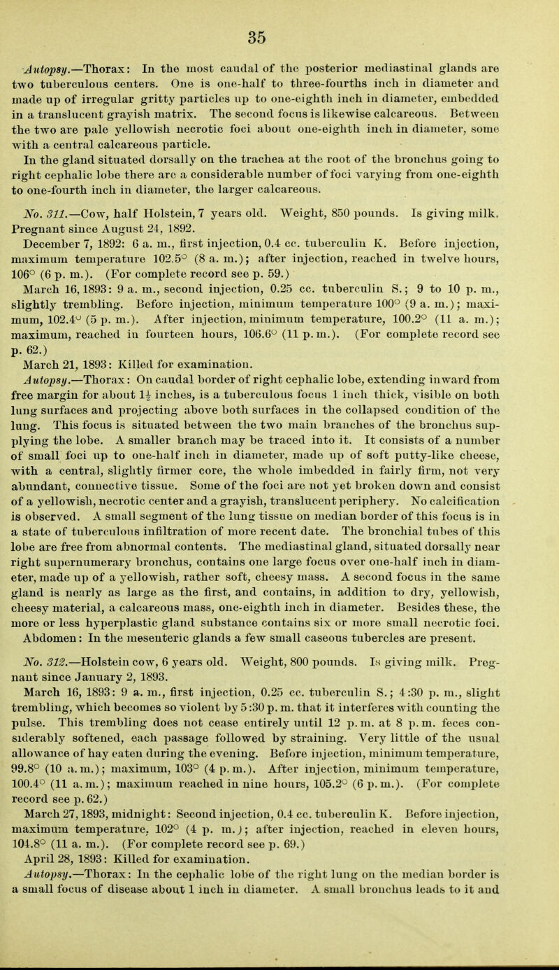 Jutopsy.—Thorax: In the most caudal of the posterior mediastinal glands are two tuberculous centers. One is one-half to three-fourths inch in diameter and made up of irregular gritty particles up to one-eighth inch in diameter, embedded in a translucent grayish matrix. The second focus is likewise calcareous. Between the two are pale yellowish necrotic foci about one-eighth inch in diameter, some with a central calcareous particle. In the gland situated dorsally on the trachea at the root of the bronchus going to right cephalic lobe there are a considerable number of foci varying from one-eighth to one-fourth inch in diameter, the larger calcareous. No. 311.—Cow, half Holstein, 7 years old. Weight, 850 pounds. Is giving milk. Pregnant since August 24, 1892. December 7, 1892: 6 a. m., first injection, 0.4 cc. tuberculin K. Before injection, maximum temperature 102.5° (8 a.m.); after injection, reached in twelve hours, 106° (6 p. m.). (For comj)lete record see p. 59.) March 16,1893: 9 a. m., second injection, 0.25 cc. tuberculin S.; 9 to 10 p. m., slightly trembling. Before injection, minimum temperature 100° (9 a. m.); maxi- mum, 102.4° (5 p. m.). After injection, minimum temperature, 100.2° (11 a. m.); maximum, reached iu fourteen hours, 106.6° (11 p. m.). (For complete record see p. 62.) March 21, 1893: Killed for examination. Autopsy.—Thorax: On caudal border of right cephalic lobe, extending inward from free margin for about 1^ inches, is a tuberculous focus 1 inch thick, visible on both lung surfaces and projecting above both surfaces in the collapsed condition of the lung. This focus is situated between the two main branches of the bronchus sup- plying the lobe. A smaller branch may be traced into it. It consists of a number of small foci up to one-half inch in diameter, made up of soft putty-like cheese, with a central, slightly firmer core, the whole imbedded in fairly firm, not very abundant, connective tissue. Some of the foci are not yet broken down and consist of a yellowish, necrotic center and a grayish, translucent periphery. No calcification is observed. A small segment of the lung tissue on median border of this focus is iu a state of tuberculous infiltration of more recent date. The bronchial tubes of this lobe are free from abnormal contents. The mediastinal gland, situated dorsally near right sui^ernumerary bronchus, contains one large focus over one-half inch in diam- eter, made up of a yellowish, rather soft, cheesy mass. A second focus in the same gland is nearly as large as the first, and contains, in addition to dry, yellowish, cheesy material, a calcareous mass, one-eighth inch in diameter. Besides these, the more or less hyperplastic gland substance contains six or more small necrotic foci. Abdomen: In the mesenteric glands a few small caseous tubercles are present. No. 812.—Holstein cow, 6 years old. Weight, 800 pounds. Is giving milk. Preg- nant since January 2, 1893. March 16, 1893: 9 a. m., first injection, 0.25 cc. tuberculin S.; 4:30 p. m., slight trembling, which becomes so violent by 5:30 p. m. that it interferes with counting the pulse. This trembling does not cease entirely until 12 p.m. at 8 p.m. feces con- siderably softened, each passage followed by straining. Very little of the usual allowance of hay eaten during the evening. Before injection, minimum temperature, 99.8° (10 a.m.); maximum, 103° (4 p.m.). After injection, minimum temperature, 100.4° (11 a.m.); maximum reached in nine hours, 105.2° (6 p.m.). (For complete record see p. 62.) March 27,1893, midnight: Second injection, 0.4 cc. tuberculin K. Before injection, maximum temperature, 102° (4 p. m.J; after injection, reached in eleven hours, 104.8° (11 a. m.). (For complete record see p. 69.) April 28, 1893: Killed for examination. Autopsy.—Thorax: In the cephalic lobe of the right lung on the median border is a small focus of disease about 1 inch in diameter. A small bronchus leads to it and