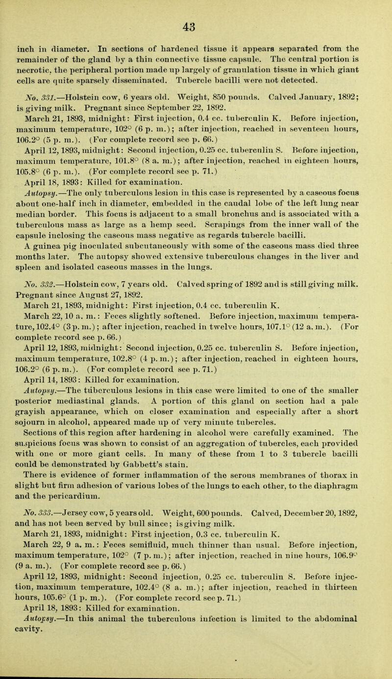 inch in diameter. In sections of hardened tissue it appears separated from the remainder of the gland by a thin connective tissue capsule. The central portion is necrotic, the peripheral portion made up largely of granulation tissue in which giant cells are quite sparsely disseminated. Tubercle bacilli were not detected. No. 331.—Holstein cow, 6 years old. Weight, 850 pounds. Calved January, 1892; is giving milk. Pregnant since September 22, 1892. March 21, 1893, midnight: First injection, 0.4 cc. tuberculin K. Before injection, maximum temperature, 102° (6 p. m.); after injection, reached in seventeen hours, 106.2° (5 p. m.). (For complete record see p. 66.) April 12,1893, midnight: Second injection, 0.25 cc. tuberculin S. Before injection, maximum temperature, 101.8° (8 a. m.); after injection, reached in eighteen hours, 105.8° (6 p. m.). (For complete record see p. 71.) April 18, 1893: Killed for examination. Autopsy.—The only tuberculous lesion in this case is represented by a caseous focus about one-half inch in diameter, embedded in the caudal lobe of the left lung near median border. This focus is adjacent to a small bronchus and is associated with a tuberculous mass as large as a hemp seed. Scrapings from the inner wall of the capsule inclosing the caseous mass negative as regards tubercle bacilli. A guinea pig inoculated subcutaneously with some of the caseous mass died three months later. The autopsy showed extensive tuberculous changes in the liver and spleen and isolated caseous masses in the lungs. No. 332.—Holstein cow, 7 years old. Calved spring of 1892 and is still giving milk. Pregnant since August 27, 1892. March 21,1893, midnight: First injection, 0.4 cc. tuberculin K. March 22,10 a. m.: Feces slightly softened. Before injection, maximum tempera- ture, 102.4° (3 p. ni.); after injection, reached in twelve hours, 107.1° (12 a. m.). (For complete record see p. 66.) April 12,1893, midnight: Second injection, 0.25 cc. tuberculin S. Before injection, maximum temperature, 102.8° (4p. ra.); after injection, reached in eighteen hours, 106.2° (6 p. m.). (For complete record see p. 71.) April 14,1893: Killed for examination. Autopsy.—The tuberculous lesions in this case were limited to one of the smaller posterior mediastinal glands. A portion of this gland on section had a pale grayish appearance, which on closer examination and especially after a short sojourn in alcohol, appeared made up of very minute tubercles. Sections of this region after hardening in alcohol were carefully examined. The su3picious focus was shown to consist of an aggregation of tubercles, each provided with one or more giant cells. In many of these from 1 to 3 tubercle bacilli could be demonstrated by Gabbett's stain. There is evidence of former inflammation of the serous membranes of thorax in slight but firm adhesion of various lobes of the lungs to each other, to the diaphragm and the pericardium. No. 5^5.—Jersey cow, 5 years old. Weight, 600 pounds. Calved, December 20,1892, and has not been served by bull since; is giving milk. March 21,1893, midnight: First injection, 0.3 cc. tuberculin K. March 22, 9 a. m.: Feces semifluid, much thinner than usual. Before injection, maximum temperature, 102° (7 p. m.); after injection, reached in nine hours, 106.9^' (9 a. m.). (For complete record see p. 66.) April 12, 1893, midnight: Second injection, 0.25 cc. tuberculin S. Before injec- tion, maximum temperature, 102.4° (8 a. m.); after injection, reached in thirteen hours, 105.6° (1 p. m.). (For complete record seep. 71.) April 18, 1893: Killed for examination. Autopsy.—In this animal the tuberculous infection is limited to the abdominal cavity.