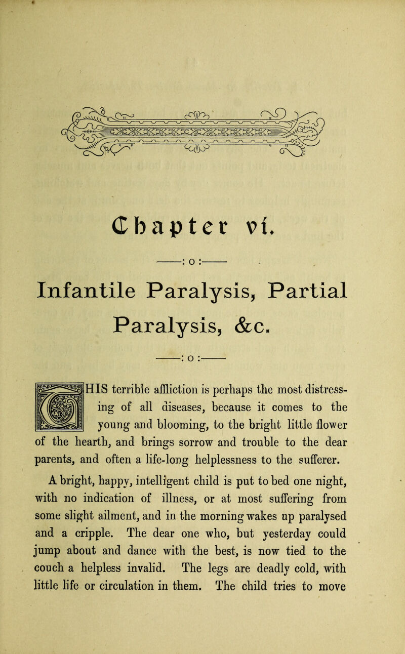 ——: o : Infantile Paralysis, Partial Paralysis, &c. : o : HIS terrible affliction is perhaps the most distress- ing of all diseases, because it comes to the young and blooming, to the bright little flower of the hearth, and brings sorrow and trouble to the dear parents, and often a life-long helplessness to the sufferer. A bright, happy, intelligent child is put to bed one night, with no indication of illness, or at most suffering from some slight ailment, and in the morning wakes up paralysed and a cripple. The dear one who, but yesterday could jump about and dance with the best, is now tied to the couch a helpless invalid. The legs are deadly cold, with little life or circulation in them. The child tries to move