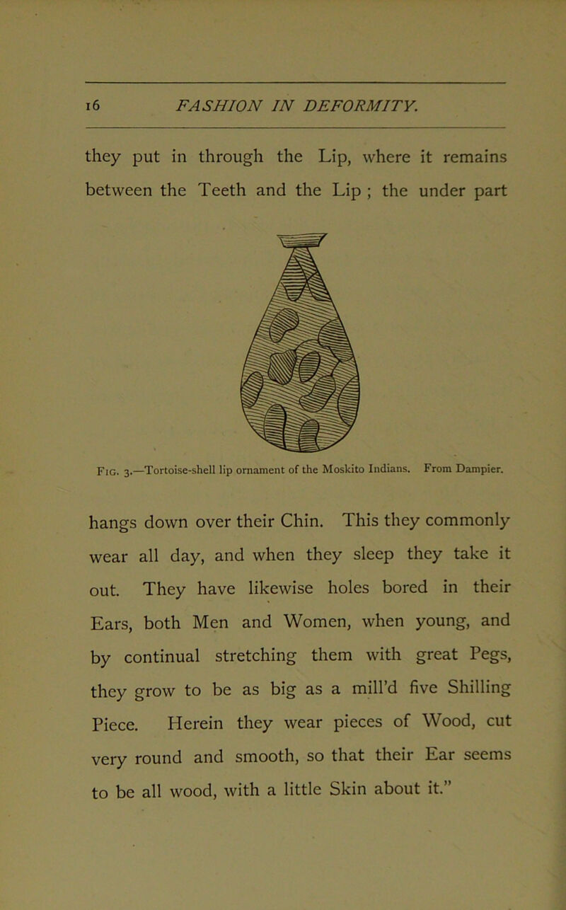 they put in through the Lip, where it remains between the Teeth and the Lip ; the under part Fig. 3.—Tortoise-shell lip ornament of the Moskito Indians. From Dampier. hangs down over their Chin. This they commonly wear all day, and when they sleep they take it out. They have likewise holes bored in their Ears, both Men and Women, when young, and by continual stretching them with great Pegs, they grow to be as big as a mill’d five Shilling Piece. Herein they wear pieces of Wood, cut very round and smooth, so that their Ear seems to be all wood, with a little Skin about it.”