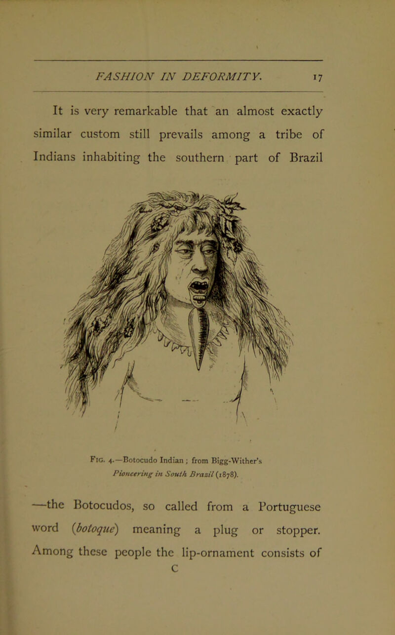 It is very remarkable that an almost exactly similar custom still prevails among a tribe of Indians inhabiting the southern part of Brazil Fig. 4.—Botocudo Indian ; from Bigg-Wither’s Pioneering in South Brazil (i878). —the Botocudos, so called from a Portuguese word (botoque) meaning a plug or stopper. Among these people the lip-ornament consists of C