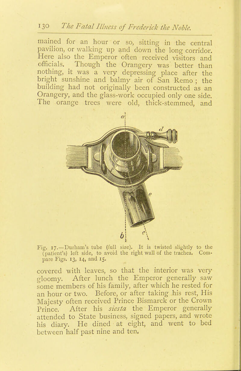 iiiained for an hour or so, sitting in the central pavilion, or walking up and down the long corridor. Here also the Emperor often received visitors and officials. Though the Orangery was better than nothing, it was a very depressing place after the bright sunshine and balmy air of San Remo ; the building had not originally been constructed as an Orangery, and the glass-work occupied only one side. The orange trees were old, thick-stemmed, and Fig. 17.—Durham’s lube (full size). It is twisted slightly to the (patient’s) left side, to avoid the right wall of the trachea. Com- pare Figs. 13, 14, and 15. covered with leaves, so that the interior was very gloomy. After lunch the Emperor generally saw some members of his family, after which he rested for an hour or two. Before, or after taking his rest. His Majesty often received Prince Bismarck or the Crown Prince. After his siesta the Emperor generally attended to State business, signed papers, and wrote his diary. He dined at eight, and went to bed between half past nine and ten.