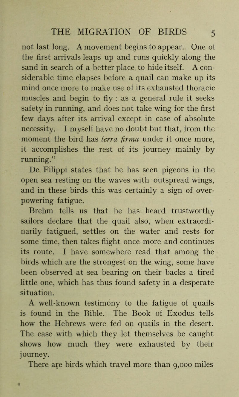 not last long. A movement begins to appear. One of the first arrivals leaps up and runs quickly along the sand in search of a better place, to hide itself. A con- siderable time elapses before a quail can make up its mind once more to make use of its exhausted thoracic muscles and begin to fly : as a general rule it seeks safety in running, and does not take wing for the first few days after its arrival except in case of absolute necessity. I myself have no doubt but that, from the moment the bird has terra firma under it once more, it accomplishes the rest of its journey mainly by running.” De Filippi states that he has seen pigeons in the open sea resting on the waves with outspread wings, and in these birds this was certainly a sign of over- powering fatigue. Brehm tells us that he has heard trustworthy sailors declare that the quail also, when extraordi- narily fatigued, settles on the water and rests for some time, then takes flight once more and continues its route. I have somewhere read that among the birds which are the strongest on the wing, some have been observed at sea bearing on their backs a tired little one, which has thus found safety in a desperate situation. A well-known testimony to the fatigue of quails is found in the Bible. The Book of Exodus tells how the Hebrews were fed on quails in the desert. The ease with which they let themselves be caught shows how much they were exhausted by their journey. There are birds which travel more than 9,000 miles
