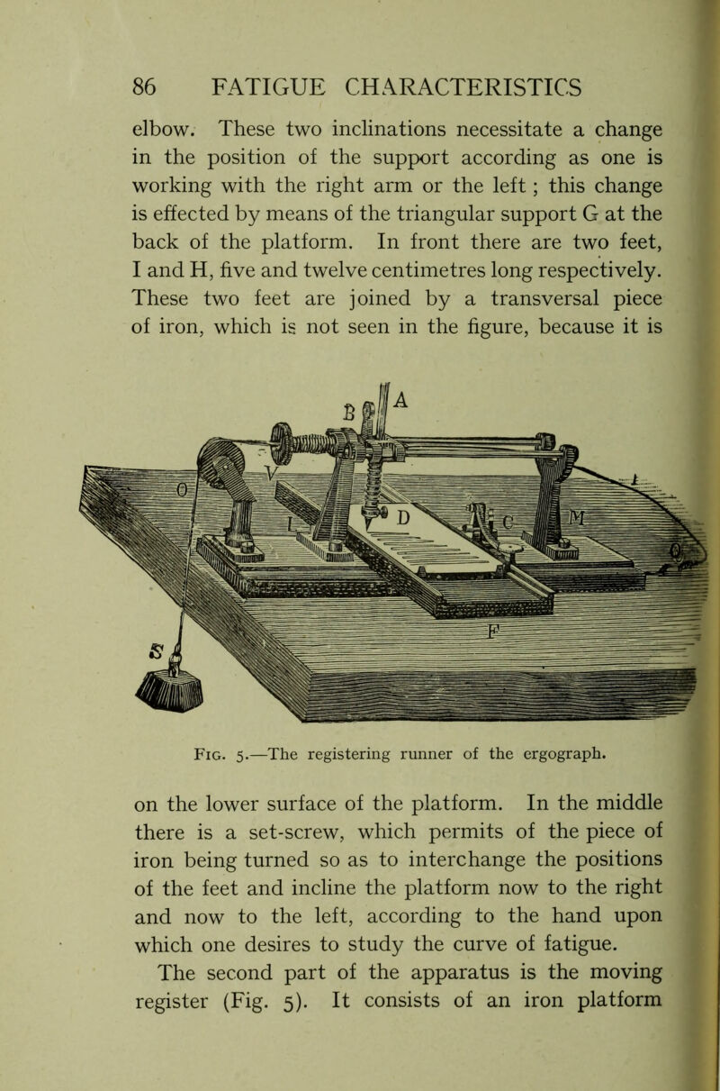 elbow. These two inclinations necessitate a change in the position of the support according as one is working with the right arm or the left; this change is effected by means of the triangular support G at the back of the platform. In front there are two feet, I and H, five and twelve centimetres long respectively. These two feet are joined by a transversal piece of iron, which is not seen in the figure, because it is s Fig. 5.—The registering runner of the ergograph. on the lower surface of the platform. In the middle there is a set-screw, which permits of the piece of iron being turned so as to interchange the positions of the feet and incline the platform now to the right and now to the left, according to the hand upon which one desires to study the curve of fatigue. The second part of the apparatus is the moving register (Fig. 5). It consists of an iron platform