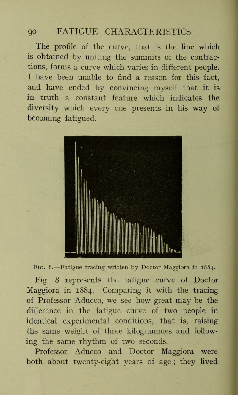 The profile of the curve, that is the line which is obtained by uniting the summits of the contrac- tions, forms a curve which varies in different people. I have been unable to find a reason for this fact, and have ended by convincing myself that it is in truth a constant feature which indicates the diversity which every one presents in his way of becoming fatigued. Fig. 8.—Fatigue tracing written by Doctor Maggiora in 1884. Fig. 8 represents the fatigue curve of Doctor Maggiora in 1884. Comparing it with the tracing of Professor Aducco, we see how great may be the difference in the fatigue curve of two people in identical experimental conditions, that is, raising the same weight of three kilogrammes and follow- ing the same rhythm of two seconds. Professor Aducco and Doctor Maggiora were both, about twenty-eight years of age; they lived