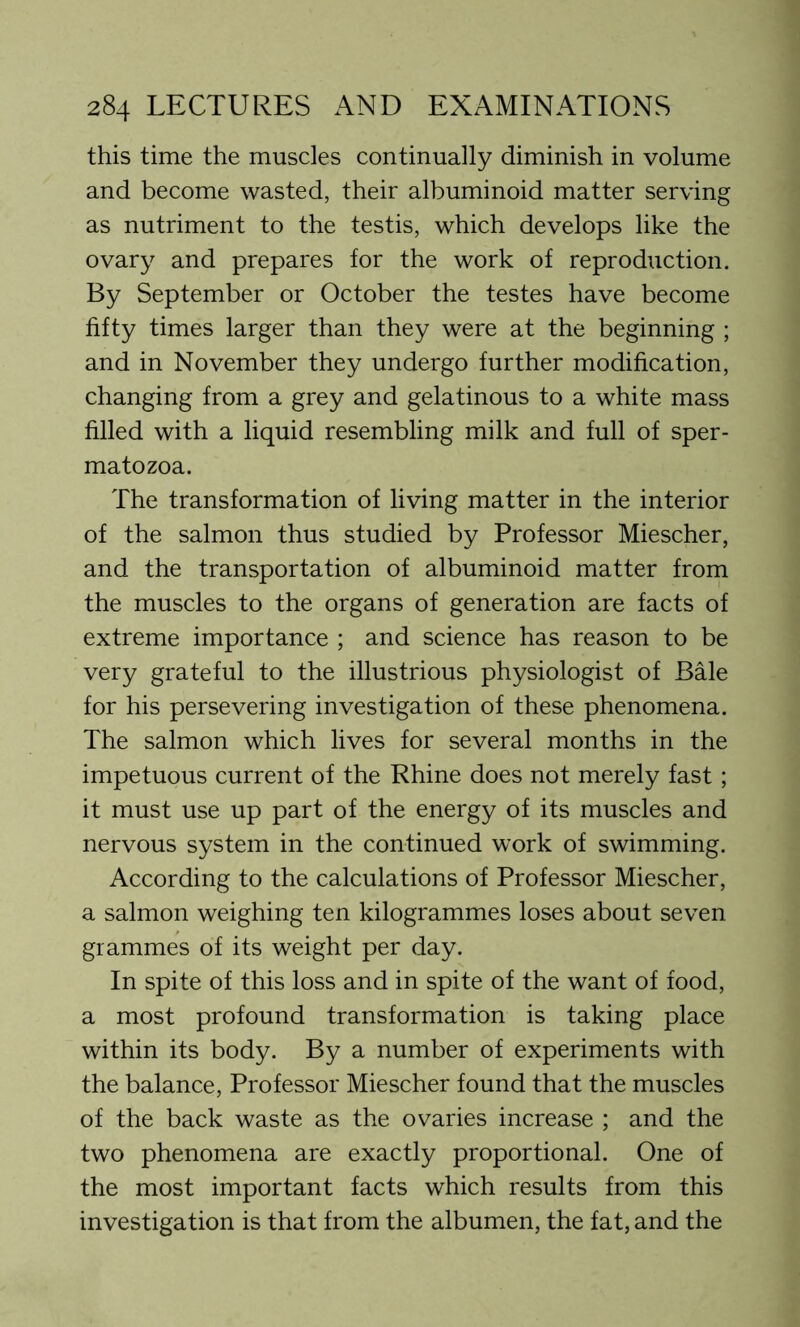 this time the muscles continually diminish in volume and become wasted, their albuminoid matter serving as nutriment to the testis, which develops like the ovary and prepares for the work of reproduction. By September or October the testes have become fifty times larger than they were at the beginning ; and in November they undergo further modification, changing from a grey and gelatinous to a white mass filled with a liquid resembling milk and full of sper- matozoa. The transformation of living matter in the interior of the salmon thus studied by Professor Miescher, and the transportation of albuminoid matter from the muscles to the organs of generation are facts of extreme importance ; and science has reason to be very grateful to the illustrious physiologist of Bale for his persevering investigation of these phenomena. The salmon which lives for several months in the impetuous current of the Rhine does not merely fast; it must use up part of the energy of its muscles and nervous system in the continued work of swimming. According to the calculations of Professor Miescher, a salmon weighing ten kilogrammes loses about seven grammes of its weight per day. In spite of this loss and in spite of the want of food, a most profound transformation is taking place within its body. By a number of experiments with the balance, Professor Miescher found that the muscles of the back waste as the ovaries increase ; and the two phenomena are exactly proportional. One of the most important facts which results from this investigation is that from the albumen, the fat, and the