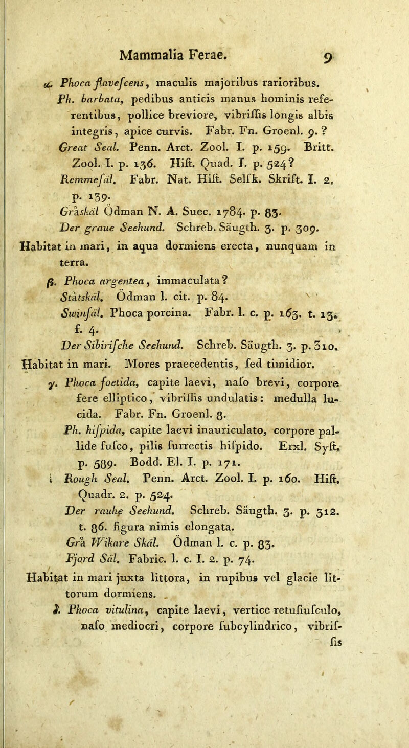 «4, Phoca Jlavefcens, maoolis majoribus rarioribus, Ph. barhata, pedibus anticis manus hominis refe- rentibus, pollice breviore, vibrilTis longis albis integris, apice curvis. Fabr. Fn. Groenl. 9.? Great Seal. Penn. Aret. Zool. I. p. 159. Britt. Zool, I. p. 156. Hilt. Quad. T. p. 524^ Remmefdl. Fabr, Nat. Hiit. Selfk. Skrift. I. 2. P- 139- GrAskdl Odman N. A. Suee. 1784* P* 83* Der graue Seehund. Schreb. Saugth. 3. p. 309. Habitat in mari, in ac[ua dormiens erecta, nunquam in terra. fi. Phoca argentea., immaculata? Stktskdl. Odman 1. cit. p. 84* ^ Stvinfdl. Phoca porcina. Fabr. 1. c, p. 163. t. 13. f. 4. ' • Der Sibirifehe Seehund. Schreb. Saugth. 3. p. 3io. Habitat in mari. Mores praecedentis, fed timidior. y. Phoca foetida, capite laevi, nafo brevi, corpore fere elliptico, vibrifTis undulatis: medulla lu- cida. Fabr. Fn. Groenl. Q. Ph. hifpida, capite laevi inauriculato, corpore pal- lide fufeo, pilis furrectis hifpido. Erxl. Syft, p. 539. Bodd. EI. I. p. 171. i Rough Seal. Penn. Aret. Zool. I. p. 160. Hift. Quadr. 2, p. 524. Der rauh^ Seehund. Schreb. Saugth. 3. p. 312. t. 36. figura nimis elongata. Gra TVikai-e Skdl. Odman 1. c, p. 33. Fjord Sdl. Fabric. 1. c. I. 2. p. 74. Habi^t in mari juxta littora, in rupibus vel glacie lit- torum dormiens, . }. Phoca vitulina, capite laevi, vertice retufiufculo, nafo mediocri, corpore fubcylindrico, vibrif- fis