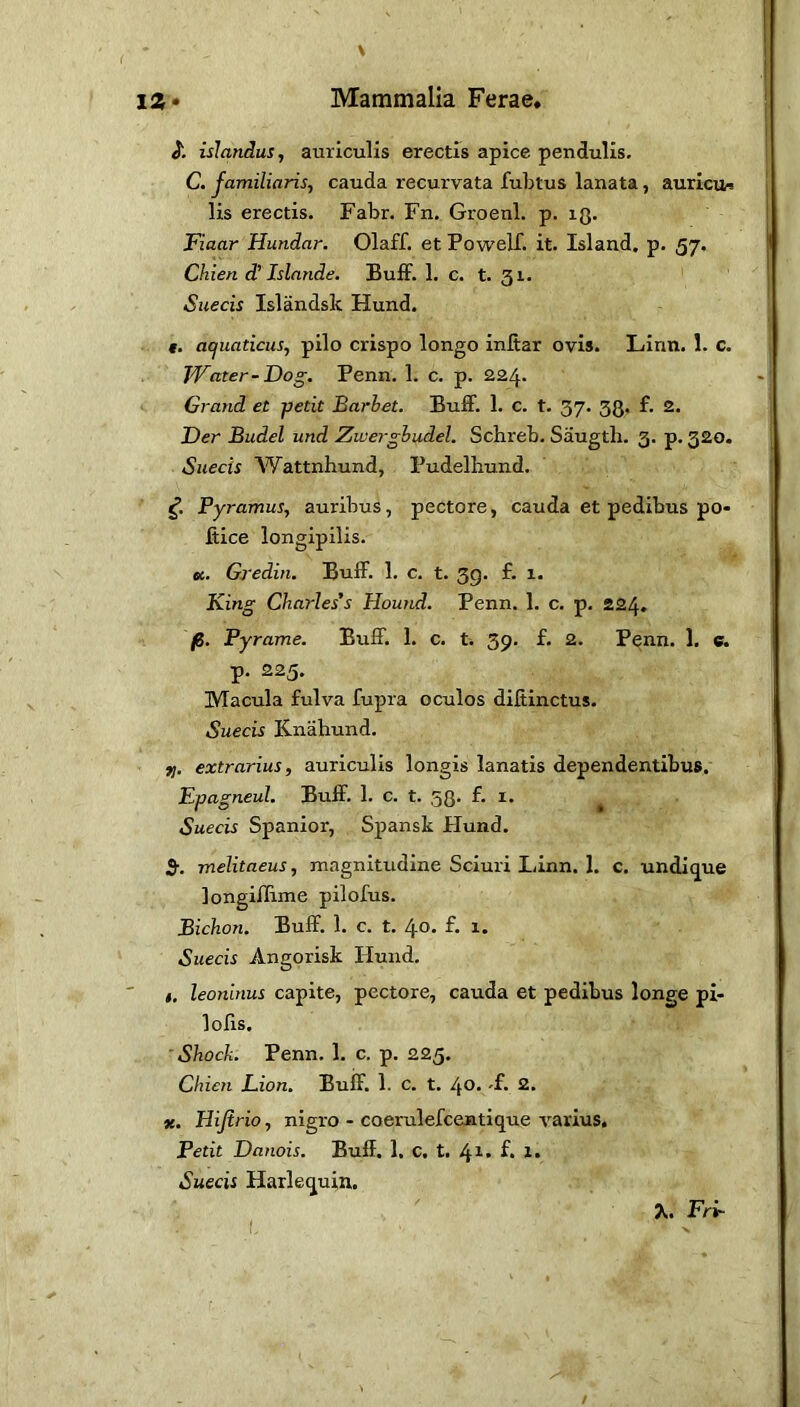 islandus, auriculis erectis apice pendulis. C. familiaris, cauda recurvata fubtus lanata, auricu* lis erectis. Fabr. Fn. Groenl. p. iQ. Fiaar Hundar. Olaff. et PowelT. it. Island, p. 57, Chien d! Islande. Buff. 1. c. t. 31. Suecis Islandsk Hund. t. acjuaticiis, pilo crispo longo inffar ovis. Linn. 1. c. JFater-Dog. Penn. 1. c. p. 224. Grand et -petit Barhet. Buff. 1. C. t. 37. 33. f. 2. Der Budel und Zwerghudel. Schreb. Saugtli. 3. p. 320. Suecis Wattnhund, Pudelhund. Pyramus, auribus, pectore, cauda et pedibus po- litice longipilis. «. Gredin. Buff. 1. c. t. 3g. f. 1. King Charles's Hound. Penn. 1. c. p. 224. (i. Pyrame. Buff. 1. c. t. 39. £. 2. Penn. 1. 6. p. 225. Macula fulva fupra oculos difiinctus. Suecis Knabund. tj. extrarius, auriculis longis lanatis dependentibus. Epagneul. Buff. 1. c. t. 53. f. i. Suecis Spanior, Spansk Hund. 5. melitaeus, magnitudine Sciuri Linn. 1. c. undique longillime pilofus. Bichon. Buff. 1. c. t. 40* f* i- Suecis Angorisk Hund. t. leoninus capite, pectore, cauda et pedibus longe pi- lofis. 'Shock. Penn. 1. c. p. 225. Chieti Lion. Buff. 1. c. t. 40. -f. 2. *. Hijirio, nigro - coerulefcentique varius. Petit Danois. Buff. 1. C. t. /^1. f. l. Suecis Harlequin. X. Fri~