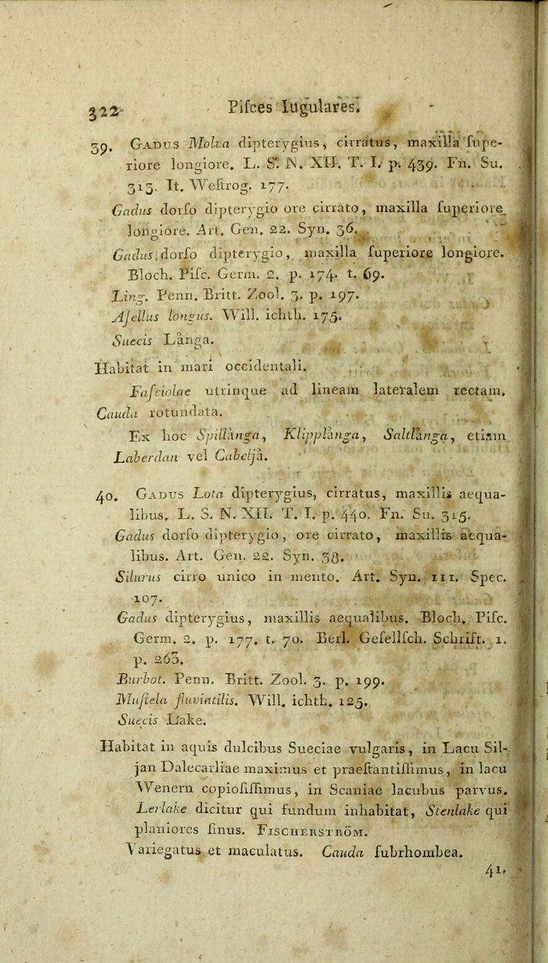 5p. Gadus Molva clipterygius, cirratus, maxilla fnpc- riore longiore. Ij. S*. N, XLT. T. I. p. 439- 313. It. Weftrog. 177. Cachts doifo dipterygio ore cirrato, maxilla fuperiore. longiore. .4rt. Gen. 22. Syn, 3^- ■ CaclusAoxio dipterygio, maxilla fuperiore longiore. Bloch. Fife. Germ. 2. p. 174. t. 69. 'Lin^. Penn. Britt. Zool. 3. p. 197. Ajellus lonsus. Will, icluh. 175. Suecis Ijanga. Ilauitat in mari occidentali. Fafciolae utrinque ad lineam lateralem rectam, Cauda rotundiUa. Ex hoc SpilUmga, Klippll\nga^ Sahlhnga, etiam Laherdan vel Cuhelya. 40. Gadus Lota dlpteryglus, cirratus, maxillis aequa- libus, L. S. N. XIL T. T, p. 440. Fn. Su. 315. Gadus dorfo dipterygio, ore cirrato, maxillis aequa- libus. Art. Gen, 22. Syn. 3g. Sdurus cirro unico in mento. Art, Syn. in. Spec. 107. Gadus dlpterygius, maxillis aequalibus. Bloch. Fife. Germ. 2. p. 177. t. 70. Berl. Gefellfch. Schrift. 1. p. 260. Burhot. Penn. Britt. Zool. 3. p. ipp. Miifiela fluviatilis. Will, ichth. 125, Suecis L'ake. Habitat in aquis dulcibus Sueciae vulgaris, in Lacu Sil- jan Dalecariiae maximus et praeltantifliinus, in lacu AVenern copiofiflimus, in Scaniae lacubus parvus. Lerlake dicitur qui fundum inhabitat, Steidake qui planiores Unus. Fisciiekstitom. ^ ariegatus et maculatus. Cauda fubrhomhea. 41.
