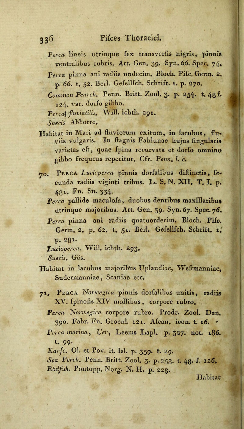 Perca lineis ntrinque fex transverfis nigris, pinnis ventralibus rubris. Art. Gen. 39. Syn. 66. Spec, 74* Terea pinna ani radiis undecim. Bloch. Pife. Germ. 2. p. 66. t. 52. Berl. Gefellfch. Schrift. 1. p. 270. Common Penrch. Penn. Britt. Zool. 3. p. 254. t. 45 f. 124. var. dorfo gibbo. Tcrca\ fuviatilis. Will, ichth. 291. Sueeis Abhorre, Habitat in Mari ad fluviorum exitum, in lacubus, flu- viis vulgaris. In flagnis Falilunae hujus Angularis varietas eft, quae fpina recurvata et dorfo omnino gibbo frequens reperitur. Cfr. Penn» l. c, tjo. Perca Lucioperm pinnis dorfalibus difllnctis, fe- cunda radiis viginti tribus. L. S, N. XII, T. I, p. 4J31. Fn. Su. 334. Terea pallide maculofa, duobus dentibus maxillaribus utrinque majoribus. Art. Gen, 39. Syn. 67. Spec. 76* Terea pinna ani radiis quatuordecim. Bloch. Pife. Germ. 2, p, 62. t. 51. Berl, Gefellfch. Schrift. i,’ p. 281. Z.ueioperea. Will, ichth. 293, Sueeis, Gos. Habitat in lacubus majoribus Uplandlae, Weftmannlae, Sudermanniae, Scaniae etc. 71, Perca Norive«ica pinnis dorfalibus unitis, radiis XV. fpinofis XIV mollibus, corpore rubro, Terea Norwegica corpore rubro. Prodr. Zool. Dan, 390. Fabr. Fn. Groenl. i2i. Afcan, icon. t. 16. * Terea marina y t/c?-, Leems Lapi. p. 327. not. 186. t. 99. Kai je. 01. et Pov. it. Isi. p. 359. t. 29. Sea Perch. Penn. Brilt. Zool. 3. p. 253. t. 40. f- 126, Rodjisk. Ppntopp. Norg. N. H. p. 223.