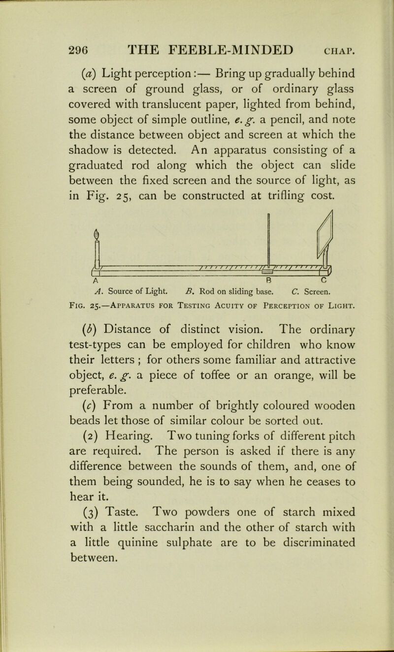 (a) Light perception:— Bring up gradually behind a screen of ground glass, or of ordinary glass covered with translucent paper, lighted from behind, some object of simple outline, a pencil, and note the distance between object and screen at which the shadow is detected. An apparatus consisting of a graduated rod along which the object can slide between the fixed screen and the source of light, as in Fig. 25, can be constructed at trifling cost. A B C A. Source of Light. B. Rod on sliding base. C. Screen. Fig. 25.—Apparatus for Testing Acuity of Perception of Light. (d) Distance of distinct vision. The ordinary test-types can be employed for children who know their letters ; for others some familiar and attractive object, e. g, a piece of toffee or an orange, will be preferable. (c) From a number of brightly coloured wooden beads let those of similar colour be sorted out. (2) Hearing. Two tuning forks of different pitch are required. The person is asked if there is any difference between the sounds of them, and, one of them being sounded, he is to say when he ceases to hear it. (3) Taste. Two powders one of starch mixed with a little saccharin and the other of starch with a little quinine sulphate are to be discriminated between.