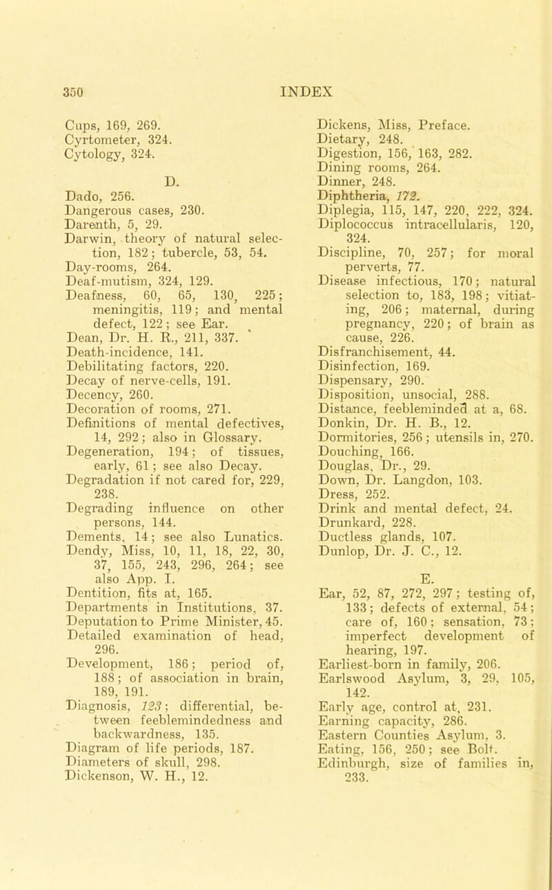 Cups, 169, 269. Cyrtometer, 324. Cytology, 324. D. Dado, 256. Dangerous cases, 230. Darenth, 5, 29. Darwin, theory of natural selec- tion, 182; tubercle, 53, 54. Day-rooms, 264. Deaf-inutism, 324, 129. Deafness, 60, 65, 130, 225; meningitis, 119; and mental defect, 122; see Ear. Dean, Dr. H. K., 211, 337. Death-incidence, 141. Debilitating factors, 220. Decay of nerve-cells, 191. Decency, 260. Decoration of rooms, 271. Definitions of mental defectives, 14, 292; also in Glossary. Degeneration, 194; of tissues, early, 61; see also Decay. Degradation if not cared for, 229, 238. Degrading influence on other persons, 144. Dements, 14; see also Lunatics. Dendy, Miss, 10, 11, 18, 22, 30, 37, 155, 243, 296, 264; see also App. I. Dentition, fits at, 165. Departments in Institutions, 37. Deputation to Prime Minister, 45. Detailed examination of head, 296. Development, 186; period of, 188; of association in bi’ain, 189, 191. Diagnosis, 123; differential, be- tween feeblemindedness and backwardness, 135. Diagram of life periods, 187. Diameters of skull, 298. Dickenson, W. H., 12. Dickens, Miss, Preface. Dietary, 248. Digestion, 156, 163, 282. Dining rooms, 264. Dinner, 248. Diphtheria, 172. Diplegia, 115, 147, 220, 222, 324. Diplococcus intracellular is, 120, 324. Discipline, 70, 257; for moral perverts, 77. Disease infectious, 170; natural selection to, 183, 198; vitiat- ing, 206; maternal, during pregnancy, 220; of brain as cause, 226. Disfranchisement, 44. Disinfection, 169. Dispensary, 290. Disposition, unsocial, 288. Distance, feebleminded at a, 68. Donkin, Dr. H. B., 12. Dormitories, 256; utensils in, 270. Douching, 166. Douglas, Dr., 29. Down, Dr. Langdon, 103. Dress, 252. Drink and mental defect, 24. Drunkard, 228. Ductless glands, 107. Dunlop, Dr. J. C., 12. E. Ear, 52, 87, 272, 297; testing of, 133; defects of external. 54; care of, 160; sensation, 73; imperfect development of hearing, 197. Earliest-born in family, 206. Earlswood Asylum, *3, 29. 105, 142. Early age, control at. 231. Earning capacity, 286. Eastern Counties Asylum, 3. Eating, 156, 250; see Bolt. Edinburgh, size of families in, 233.