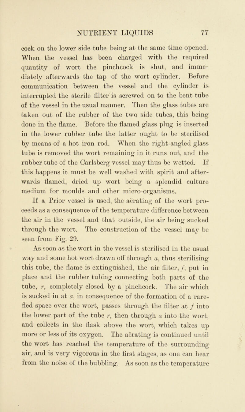 cock on the lower side tube being at the same time opened. When the vessel has been charged with the required quantity of wort the pinchcock is shut, and imme- diately afterwards the tap of the wort cylinder. Before communication between the vessel and the cylinder is interrupted the sterile filter is screwed on to the bent tube of the vessel in the usual manner. Then the glass tubes are taken out of the rubber of the two side tubes, this being done in the flame. Before the flamed glass plug is inserted in the lower rubber tube the latter ought to be sterilised by means of a hot iron rod. When the right-angled glass tube is removed the wort remaining in it runs out, and the rubber tube of the Carlsberg vessel may thus be wetted. If this happens it must be well washed with spirit and after- wards flamed, dried up wort being a splendid culture medium for moulds and other micro-organisms. If a Prior vessel is used, the aerating of the wort pro- ceeds as a consequence of the temperature difference between the air in the vessel and that outside, the air being sucked through the wort. The construction of the vessel may be seen from Fig. 29. As soon as the wort in the vessel is sterilised in the usual way and some hot wort drawn ofl* through a, thus sterilising this tube, the flame is extinguished, the air filter, /, put in place and the rubber tubing connecting both parts of the tube, r, completely closed by a pinchcock. The air which is sucked in at a, in consequence of the formation of a rare- fied space over the wort, passes through the filter at / into the lower part of the tube r, then through a into the wort, and collects in the flask above the wort, which takes up more or less of its oxygen. The aih’ating is continued until the wort has reached the temperature of the surrounding* air, and is very vigorous in the first stages, as one can hear from the noise of the bubbling. As soon as the temperature