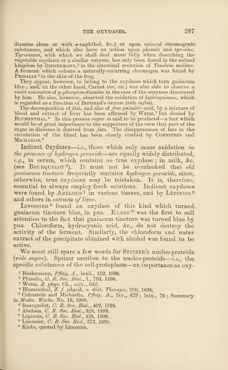 diamine alone or with a-naphthol, &c.) or upon natural chromogenic- substances, and which also have an action upon phenols and tyrosine. Tyrosinase, with which we shall deal more fully when describing the- vegetable oxydases or a similar enzyme, has only been found in the animal kingdom by Biedermann,1 in the intestinal secretion of Tenebrio molitor. A ferment which colours a naturally-occurring chromogen was found by Phisalix 2 in the skin of the frog. They appear, however, to belong to the oxydases which turn guaiacum blue ; and, on the other hand, Carnot (loc. cit.) was also able to observe a violet coloration of p-phenylenediamine in the case of the enzymes discovered by him. He also, however, observed the oxidation of hydroquinone, which is regarded as a function of Bertrand’s laccase (vide infra). The decomposition oifats, and also of free palmitic acid, by a mixture of blood and extract of liver has been affirmed by Weiss,3 but denied by Blumenthal.4 In this process sugar is said to be produced—a fact which would be of great importance to the supporters of the view that part of the sugar in diabetes is derived from fats. The disappearance of fats in the circulation of the blood has been closely studied by Cohnstein and Michaelis. 5 Indirect Oxydases—i.e., those which only cause oxidation in the presence of hydrogen per oxide—are equally widely distributed, e.g., in serum, which contains no true oxydase ; in milk, &c. (see Bourquelot6). It must nob be overlooked that old guaiacum tincture frequently contains hydrogen peroxide, since, otherwise, true oxydases may be mistaken. It is, therefore, essential to always employ fresh solutions. Indirect oxydases were found by Abelous 7 in various tissues, and by LIpinois8 and others in extracts of liver. Linossier 9 found an oxydase of this kind which turned guaiacum tincture blue, in pus. Klebs 10 was the first to call attention to the fact that guaiacum tincture was turned blue by pus. Chloroform, hydrocyanic acid, &c., do not destroy the activity of the ferment. Similarly, the chloroform and water extract of the precipitate obtained with alcohol was found to be active. We must still spare a few words for Spitzer’s nucleo-proteids {vide supra). Spitzer ascribes to the nucleo-proteids—i.e., the specific substances of the cell-protoplasm—an importance as oxy- 1 Biedermann, Pfliig. A., lxxii., 152, 1898. 2 Phisalix, G. R. Soc. Biol., 1., 793, 1898. 3 Weiss, Z. phys. Ch., xxiv., 542. 4 Blumenthal, Z. f. physik. u. didt. Therapie, 250, 1898. 5 Cohnstein and Michaelis, Pfliig. A., lxv., 473; lxix., 76; Summary in Medic. Woche, No. 15, 1900. 6 Bourquelot, G. R. Soc. Biol., 402, 1898. 7 Abelous, C. R. Soc. Biol., 328, 1899. 8 Lepinois, G. R. Soc. Biol., 428, 1899. 9 Linossier, C. R. Soc. Biol., 373, 1898. 0 Klebs, quoted by Linossier.