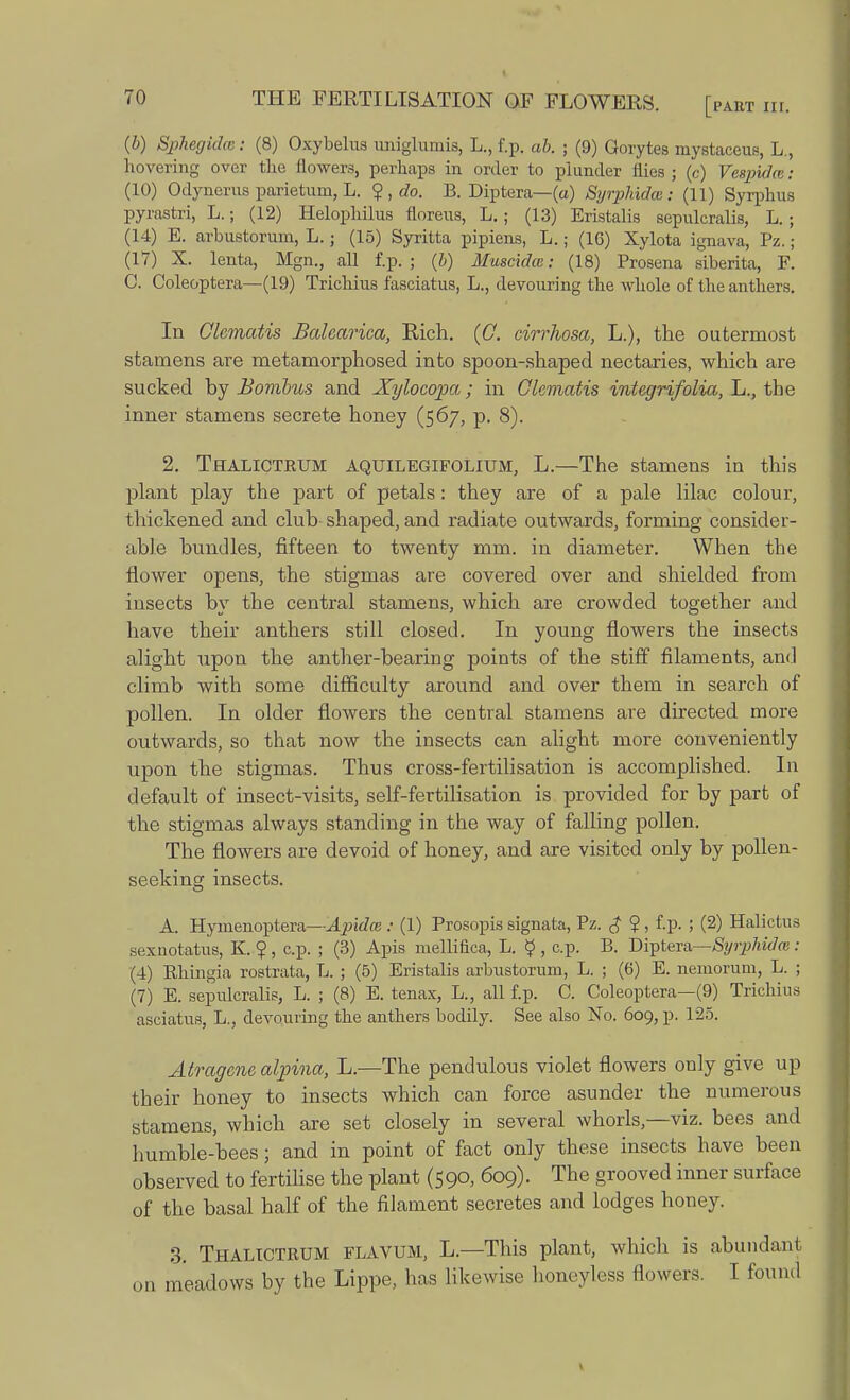 [PAET III. (b) Sphegidm: (8) Oxybelus uniglumis, L., f.p. ah. ; (9) Gorytes mystaceus, L., hovering over the flowers, perhaps in order to plunder flies ; (c) Vespuhc: (10) Odynerus parietum, L. ? , do. B. Diptera— (a) Syrphidm: (11) Syrphus pyrastri, L.; (12) Helophilus floreus, L. ; (13) Eristalis sepulcralis, L.; (14) E. arbustorum, L.; (15) Syritta pipiens, L.; (16) Xylota ignava, Pz.; (17) X. lenta, Mgn., all f.p.; (6) Muscidce: (18) Prosena siberita, F. C. Coleoptera—(19) Trichius fasciatus, L., devouring the whole of the anthers. In Clematis Balearica, Rich. (0. cirrhosa, L.), the outermost stamens are metamorphosed into spoon-shaped nectaries, which are sucked by Bombus and Xylocopa; in Clematis integrifolia, L., the inner stamens secrete honey (567, p. 8). 2. Thalictrum aquilegifoLium, L.—The stamens in this plant play the part of petals: they are of a pale lilac colour, thickened and club-shaped, and radiate outwards, forming consider- able bundles, fifteen to twenty mm. in diameter. When the flower opens, the stigmas are covered over and shielded from insects by the central stamens, which are crowded together and have their anthers still closed. In young flowers the insects alight upon the anther-bearing points of the stiff filaments, and climb with some difficulty around and over them in search of pollen. In older flowers the central stamens are directed more outwards, so that now the insects can alight more conveniently upon the stigmas. Thus cross-fertilisation is accomplished. In default of insect-visits, self-fertilisation is provided for by part of the stigmas always standing in the way of falling pollen. The flowers are devoid of honey, and are visited only by pollen- seeking insects. A. Hymenoptera—Ajpidce: (1) Prosopis signata, Pz. $ 9, f.p. ; (2) Halictus sexnotatus, K. $ , c.p. ; (3) Apis mellifica, L. $ , c.p. B. Diptera—Syrphidm: (4) Rhingia rostrata, L. ; (5) Eristalis arbustorum, L. ; (6) E. nemorum, L. ; (7) E. sepulcralis, L. ; (8) E. tenax, L., all f.p. C. Coleoptera—(9) Trichius asciatus, L., devouring the anthers bodily. See also No. 609, p. 125. Atragcne alpina, L.—The pendulous violet flowers only give up their honey to insects which can force asunder the numerous stamens, which are set closely in several whorls,—viz. bees and humble-bees; and in point of fact only these insects have been observed to fertilise the plant (590, 609). The grooved inner surface of the basal half of the filament secretes and lodges honey. 3. Thalictrum flavum, L.—This plant, which is abundant on meadows by the Lippe, has likewise honeyless flowers. I found