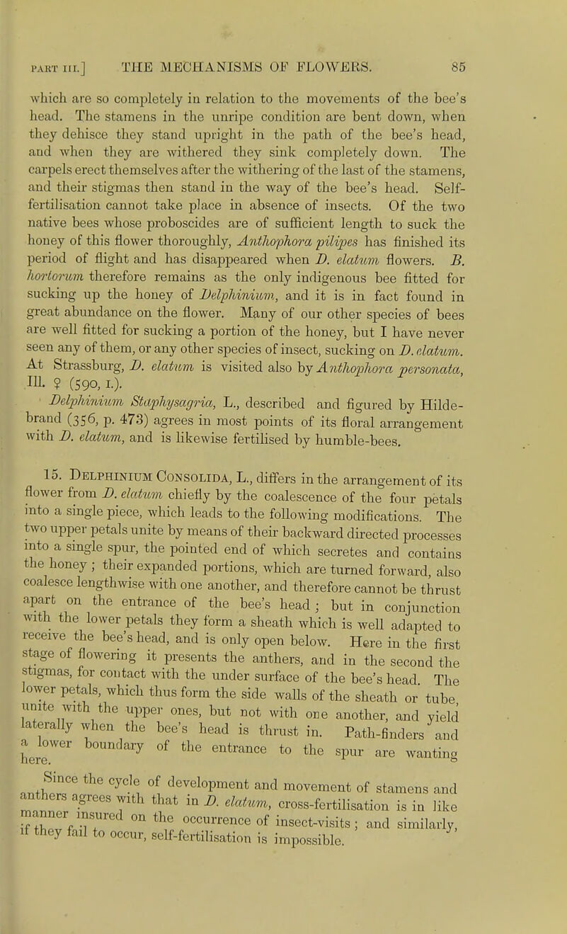 which are so completely iu relation to the movements of the bee's head. The stamens in the unripe condition are bent down, when they dehisce they stand upright in the path of the bee's head, and when they are withered they sink completely down. The carpels erect themselves after the withering of the last of the stamens, and their stigmas then stand in the way of the bee's head. Self- fertilisation cannot take place in absence of insects. Of the two native bees whose proboscides are of sufficient length to suck the honey of this flower thoroughly, Anthophora pilipes has finished its period of flight and has disappeared when D. datum flowers. B. horlorum therefore remains as the only indigenous bee fitted for sucking up the honey of Delphinium, and it is in fact found in great abundance on the flower. Many of our other species of bees are well fitted for sucking a portion of the honey, but I have never seen any of them, or any other species of insect, sucking on D. datum. At Strassburg, D. elatum is visited also by Anthophora personata 111. ? (590, l). Delphinium Staphysagria, L., described and figured by Hilde- brand (356, p. 473) agrees in most points of its floral arrangement with D. elatum, and is likewise fertilised by humble-bees. 15. Delphinium Consolida, L., differs in the arrangement of its flower from D. elatum chiefly by the coalescence of the four petals into a single piece, which leads to the following modifications. The two upper petals unite by means of their backward directed processes into a single spur, the pointed end of which secretes and contains the honey • their expanded portions, which are turned forward also coalesce lengthwise with one another, and therefore cannot be thrust apart on the entrance of the bee's head ; but in conjunction with the lower petals they form a sheath which is well adapted to receive the bee's head, and is only open below. Here in the first stage of flowering it presents the anthers, and in the second the stigmas, for contact with the under surface of the bee's head The lower petals, which thus form the side walls of the sheath or tube unite with the upper ones, but not with one another, and yield laterally when the bee's head is thrust in. Path-finders and a jower boundary of the entrance to the spur are wanting ™twT CyC-1 °\ devel°Pment movement of stamens and anthers agrees with that in D. elatum, cross-fertilisation is in like manner insured on the occurrence of insect-visits; and similarly, if they fail to occur, self-fertilisation is impossible.