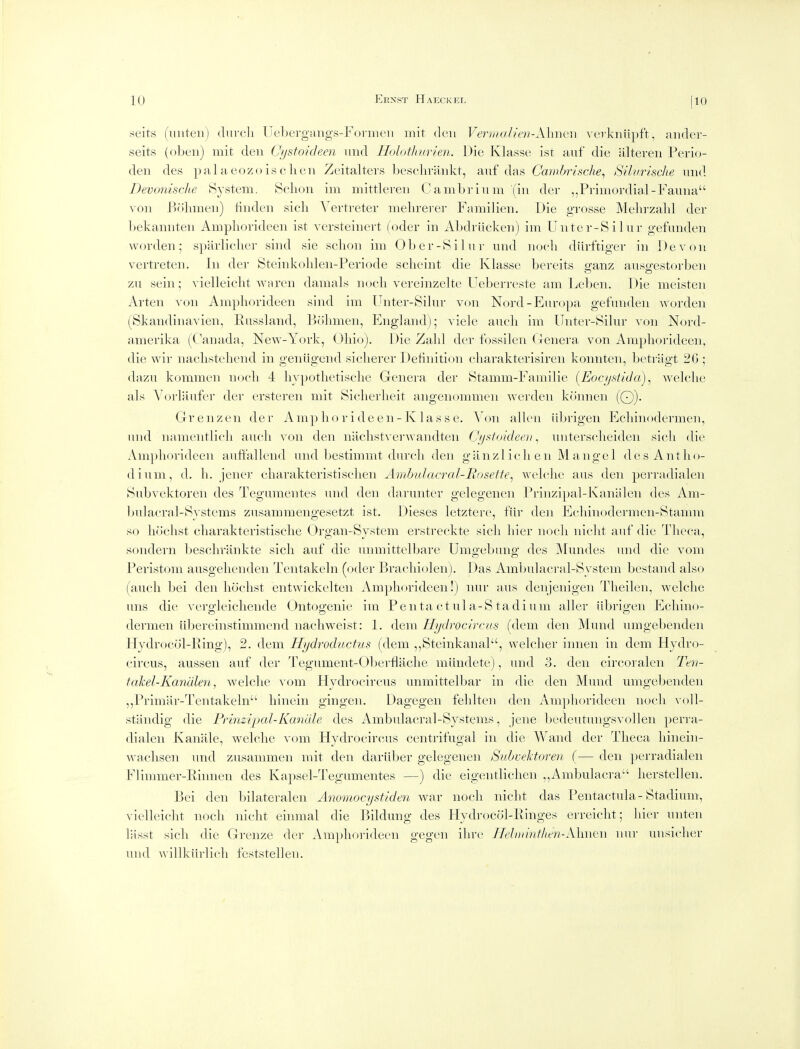 seits (uiiteii) dnrcli licLergangs-Foniicii mit den Vern/alien-Almcw vcrkiiiipft, aiulcr- seits (f)ben) mit den Cystoideen nnd Holothiirien. Die Kla.sse ist anf die alteren Perio- den des pad a eozo is c hen Zeitalters besclu-ankt, anf das Cambrische^ Silurische nnd I)evo7iische System. Schon im mittleven Cambrium (in der ,,Primordial-Fauna Yon Px'ihmen) linden sicli Vertreter mebrerer Familien. Die grosse Mehrzald der bekannten Amphorideen ist versteinert (oder in Abdriicken) im Unter-Silur gefnnden worden; s])ai'liclier sind sie sclion im Ober-Silur nnd nocli diirftiger in Devon vertreten. In der Steinkoblen-Periode scheint die Klasse bereits ganz anso'estorben zu sein; vielleicbt Avaren damals notdi vereinzelte Ueberreste am Leben. Die meisten Arten von Amphorideen sind im Unter-Sihu- von Nord-Enropa gefnnden worden (Skandinavien, Knssland, Bohmen, England); viek^ auch im Unter-Sihir ^'on Nord- amerika (Canada, New-York, Ohio). Die Zahl der fossilen (Jenei'a von Amphorideen, die wir nachstehend in geniigend sicherer Definition charakterisiren konnten, betriigt 2G ; dazu kommen noch 4 hvpothetische Genera der Stamm-Familie [Eocystida)^ Avelche als Vorlanfer der ersteren mit Sicherheit angenommen werden keinnen (Q)- Grenzen der Amp ho ride en-Klasse. Von alien tibrigen Echinodermen, nnd nameiitlich auch von den nachstverwandten (Jy.^toideen, unterscdieiden sich die Amphorideen autt'allend nnd bestimmt durcli den ganzl ieli en Mangel desAntho- dium, d. h. j'ener charakteristischen Ambulacral-Moselte^ welche ans den perradialen Subvektoren des Tegumentes nnd den darunter gelegenen Prinzipal-Kanlilen des Am- bulacral-Svstems zusammengesetzt ist. Dieses letztere, filr den Echinodermen-Stamm so hochst charakteristische Organ-Svstem erstreckte sich hier noch nicht anf die Theca, soiiclern bescliraiikte sich aiif die unmittclbare Umo'ebiing; des Mundes nnd die vom Periston! ausgelienden Tentakeln (otler Bracdiiolen). Das Ambulacral-System bestand also (auch bei den hochst entwickelten Am])h()rideen!) inir aus denjenigen Theilen, welche uns die \'ergleichende (Jntogenie im Penta ctnl a-S tadium aller iibrigen Echino- dermen ilbereinstimmend nachweist: 1. (lem Hydroct'rcus (dem den Mund nmgebeiiden Hydrocol-Eing), 2. dem Hydroductus (dem ,,Steinkanal, welcher innen in dem Hydro- circus, aussen auf der Tegument-Oberflache mihidete), und 3. den circoralen Ten- takel-Kandlen, welche vom Hydrocircus unmittelbar in die den Mund umgebenden ,,Primar-l\'ntakeln hinein gingen. Dagegen fehlten den Am|)horideen noch voll- sftindig die Prinziijal-KanUle des Ambnlacral-Systems, jene bedeutungsvollen perra- dialen Kanale, welche vom Hydrocircus centrifugal in die Wand der Theca hinein- wachsen und zusammen mit den dariiber gelegenen Suhvektoren (— den perradialen Flimmer-Rinnen des Kapsel-Tegumentes —) die eigentlichen „Ambulacra herstellen. Bei den bilateralen Anomocystiden war noch nicht das Pentactula-Stadium, vielleiclit noch nicht einmal die Bildung des Hydrocol-Ringes erreicht; hier nnten liisst sich die Grenze der Amphorideen gegen ihre J Mm mth en-Almen nur unsicher und willkiirlich feststellen.