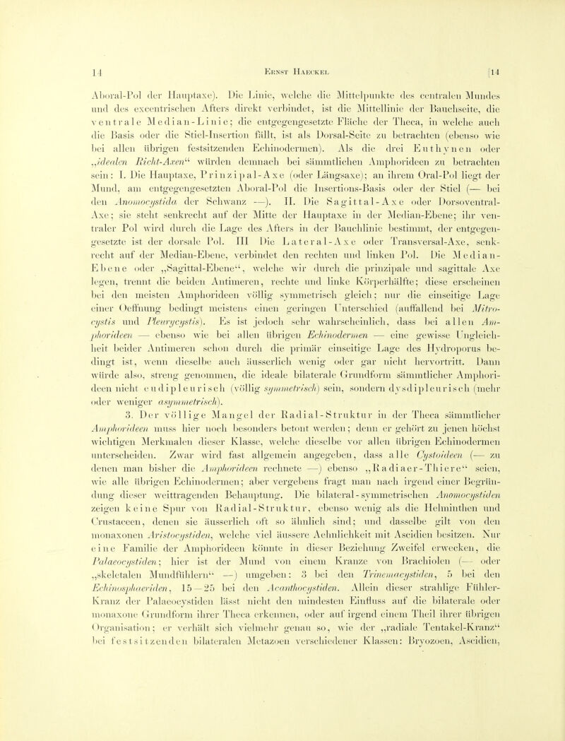 Al)()ral-Pol (lev Hauptaxt'). Die Ijiuie, welclie die Mittel})uiikte des ceiitraleii Muiides imd des excentrisclieii Afters direkt verbiudet, ist die Mittellinie der Bauchseite, die ventrale Mediaii-Linie; die entgegengesetzte l^laclie der Tlieca, in welclie aucli die Basis oder die Stiel-Iiisertioii fallt, ist als Dorsal-Seite zu betracliten (ebenso wie bei alien iibrigen festsitzendeii Ecliinodermen). Als die drei Eutliyncn oder ^^idealcn Richt-Axen'-'- wiirden demnacli bei sammtliclien Ampliorideen zu Ijctrachten sein: 1. Die Hauptaxe, Prinzipal-Axe (oder Langsaxe); an ilirem Oral-Pol liegt der Mund, ani entgegengesetzten Aboral-Pol die Insertions-Basis oder der Stiel (— bei den Anomocystida der Scliwanz —). II. Die Sagittal-Axe (jder Dorsoventral- Axe; sie stelit seida-eclit auf der Mitte der Hauptaxe in der Median-Ebene; ihr ven- traler Pol wird durcli die Lage des Afters in der Bauclilinie bestimmt, der entgegen- gesetzte ist der dorsale Pol. Ill Die Lateral-Axe oder Transversal-Axe, sevdc- reclit auf der Median-Ebene, verbindet den recliten nnd linken Pol. Die Median- Ebene oder ,,!Sagittal-Ebene, welclie wir durch die prinzipale und sagittale Axe legen, trennt die beideii Antimeren, reclite nnd linke Korperbiilfte; diese ersclieinen bei den meisteii Ampliorideen vollig symnietriscli gleicli, nur die einseitige Lage einer (Jetfnung bedingt meistens einen geringen Unterscliied (auffallend bei Mitro- cystis und Pleurycystis). Es ist jedocli sehr walirsclieinlicli, dass bei alien Arn- phorideen — ebenso wie bei alien iibrigen Echinodermen — eine gewisse Ungleicli- lieit beider Antimeren sclion durch die primar einseitige Lage des Hvdroporus be- dingt ist, wenn dieselbe audi iiusserlicli wenig oder gar nicht liervortritt. Dann wiii'de also, streng genommen, die ideale bilaterale Grundforin sammtliclier Ampliori- deen nicht eudipleuriscli (yoWig sy)j/rnetr/'sch) sein, soiidern dysdipleuriscli (melii odei- weniger asymmetriscli). 3. Der vollige Mangel der Radial-Struktur in der Theca sammtlicher Ampliorideen muss hier iioch besonders betont weixlen; denn er geliort zu jenen hoclist wichtigen Merkmaleii dieser Klasse, welclie dieselbe vor alien iibrigen Echinodermen unterscheiden. Zwar wird fast allgemein angegebcn, dass a He Cystoideeii (— zu denen man bislier die Ami')horideen rechnete —) ebenso ,,R adiaer-Thiere seien, wie alle iibrigen Echinodermen; aber vergebens fragt man iiach irgeiid eincr Begriiii- dung dieser weittragenden Behauptung. Die bilateral-symmetrisclieii Anomocystiden zeigeii keine Spur von liadial-Struktur, ebenso wenig als die Helmintlien und Crustaceen, denen sie ausserlicli oft so almlicli sind; und dasselbe gilt von den monaxonen Aristocysf/det)., welclie viel iiussere Aehiilichkeit mit Ascidien besitzen. Nin- eine Familie der Ampliorideen konnte in dieser Bezieliuiig Zweifel erwecken, die Falaeocystiden] hier ist der Mund von einem Krauze von Bracliiolcn (— oder ,,skeletaleii Mundfiilileni —) umgeben: 3 bei den Trineinacystiden^ 5 bei den Echinosphaeriden ^ 15 — 25 bei den AcantJtocystiden. Allein dieser stralilige Fiihler- Kranz der Palaeocystideii lasst nicht den mindesten EinHuss auf die bilaterale oder iiionaxonc Grundform ilirer Theca erkennen, oder aul' irgend einem Theil ihrer iibrigen Organisation; er veidialt sicli vielmelir genau so, wie der ,,radiale Tentakel-Kranz l)ei festsitzendeii bilateralen Metazoen verscliiedeiier Klasseii: Ikyozoen, Ascidien,