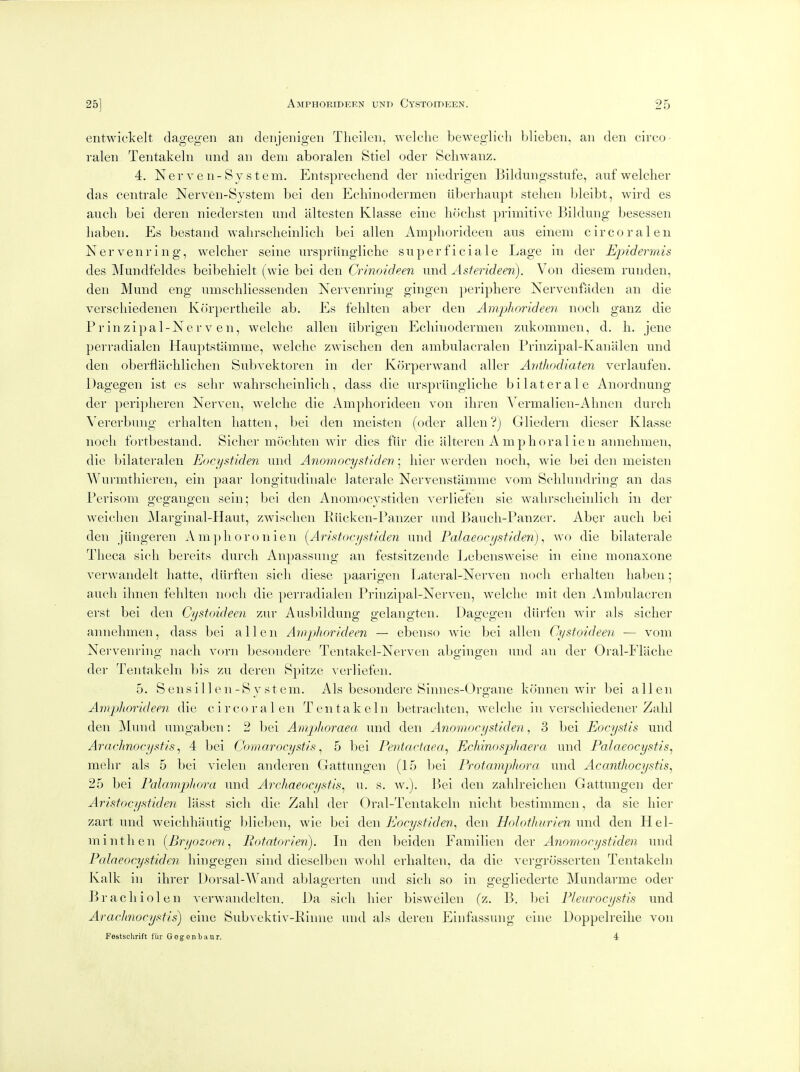 entwiclcelt dagegen an denjenigeii Theileii, welclie beweglicli blieLeii, an den circo- ralen Tentakeln nnd an dem aboralen Stiel oder Schwanz. 4. Nerven-System. Entsprechend der niedrigen Bildungsstiife, aufwelcher das centrale Nerven-System bei den Ecliinodermen iiberhaupt stehen bleibt, wird es audi bei deren niedersten mid altesten Klasse eine hoclist primitive Bildiing besessen haben. Es bestand wahrsclieinlicli bei alien Ampliorideen aus einem circo ralen Nervenring, welcher seine m'spriingliche superficiale Lage in der Ejndermis des Mundfeldes beibeliielt (wie bei den Crinoideen imd Asterideen). Von diesem ruiiden, den Miuid eng nmschliessenden Nervenring gingen periphere Nervenfaden an die verschiedenen Korpertheile ab. Es felilten aber den Ampliorideen nocli ganz die Prinzipal-Ner V en, welclie alien iibrigeii Ecliinodermen znkommen, d. h. jene perradialen Hauptstamme, welclie zwischen den ambulacralen Prinzijial-Kanalen und den oberflachlichen Subvektoreii in der Korperwand allcr Arithodiaten verlaufen. Dagegen ist es selir wahrsclieinlicli, dass die iirspriingliche bilateral e Anordnung der periphereii Nerven, welche die Amphorideen von ihren Vermalien-Aliiien durch Vererbung erhalten liatten, bei den meisten (odor alien'?) Gliederii dieser Klasse nocli fortbestand. Siclier mocliten wir dies fur die altereii A mphoral ien annelimen, die bilateralen Eocystiden nnd Anornocysfiden; liier werden nocli, wie bei den meisten Wnrmthieren, ein paar longitudinale laterale Nervenstamme vpm Schlundring an das Perisom gegangen sein; bei den Anomocystiden verliefen sie wahrscheinlich in der weiclien Marginal-Haut, zwischen Eiicken-Panzer und Bancli-Panzer. Abev aucli bei den jiingeren Am])lioronien [Aristocystiden und Palaeocystlden) ^ wo die bilaterale Theca sicli bereits durch Anpassung an festsitzende ]jebensweise in eine nionaxone verwaiidelt hatte, diirften sich diese paarigen Lateral-Nerven nocli erhalten haben; audi ihnen felilten nocli die ])erradialen Prinzipal-Nerven, welclie rait den Ambulacren erst bei den Cystoideen zur Ausbildung gelangten. Dagegen diirfen war als sicher annelimen, dass bei alien Amphorideen — ebenso wie bei alien Cystoideen — vom Nei-venring nach vorn besondere Tentakel-Nerven abgingeii und an der Oral-Fliiche der Tentakeln bis zu deren Sj^itze verliefen. 5. S ens il 1 e 11-S y St em. Als besondere Sinnes-Organe konnen wir bei alien Ampliorideen die circoralen Tentakeln betrachten, welclie in verschiedener Zahl den Muiid umgaben: 2 bei Ampjhoraea und den Anomocystiden, 3 bei Eocysiis und Araclinocystis ^ 4 bei Comarocystis ^ 5 bei Pentactaea^ Echinosp)haera und Palaeocystis^ mehr als 5 bei vieleii anderen Gattungen (15 bei Protampliora und Acanthocystis^ 25 bei Palampthora und Arcliaeocysfis^ u. s. w.). r)ei den zahlreichen Gattungen der Aristocyfitiden lasst sich die Zahl der Oral-Tentakeln nicht bestimmen, da sie liier zart und weiclihautig blieben, wie bei den Eocystiden, den Holotlmrien imd den Hel- minth en [Bryozoen^ Rotator ien). In den beiden Familieii der Ano7nocystiden und Pcdaeocystiden liingegen sind dieselben wohl erhalten, da die vei-grosserten Tentakeln Kalk in ihrer Dorsal-Wand ablagerten und sich so in gegliederte Mundarme oder Brachioleii verwandelten. Da sich hier bisweilen (z. B. bei Pleurocystis und Arachnocystis) eine Subvektiv-Einne und als deren Einfassung eine Doppelreihe von Festsclirift fur Geg en b au r. 4