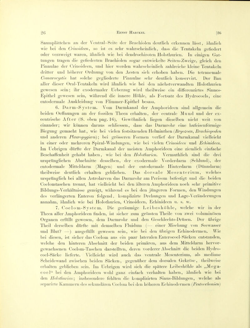 Saumpliittclieu an tier Ventral-Seitc tier Bracliiolen tleutlicli erkennen lilsst, almlicli wie bei den Crinoideen, so ist es selir walirsclieinlich, tlass tlie Tentakeln getietlert oder verzweig-t waren, almlicli wie bei dendrocliiroten Holotliurien. In einigen Gat- tungen tragen die gelietlerten Bracliiolen sogar entwickelte Seiten-Zweige, gieicli den Pinnulae der Crinoitleen, und hier werden walirselieinlicli zalilreielie kleine Tentakeln dritter und htiherer (Jrdnung von den Aesten sicli erlioben liaben. Die tetranemale Comarocystls hat solclie geglieclerte Pinnulae sehr deutlich kon.servirt. Der Ban aller tlieser Oral-Tentakeln wirtl alndicli wie bei den niiclrstverwandten Holotliurien gewesen .seiii; ilir exodermaler Ueberzug wirtl tlieilweise ein ditferenzirtes Sinnes- Epitliel gewesen sein, wahrend die innere Holile, als Ft)rtsatz des Hydrocoels, eine entodermale Auskleidung von Flimmer-Epithel besnss. 6. Darm-S ystem. Vom Darmkanal der Ampliorideeii sintl allgemein die beiden (Jeffnungen an der fossilen Tlieca erlialten, der centrale Mund und der ex- centi-isclie After fS. oben pag. 16), Gewolmlich liegen tlieselben niclit weit von einander; wir konnen daraus scliliessen, dass tlas Darmrolir eine liufeisenfdrmige Biegung gemacht hat, wie bei vielen festsitzenden Helniintlien (i?r^o2:ogn,/irac/r/o/Kvt/c'rz und antleren Pleuropygiern); bei grosseren Fornien verlief der Darmkanal vielleiclit in einer otler mehreren Spiral-Wintlungen, wie bei vielen Crinoideen und Ech/'nideen. Im Uebrigen tliirfte der Darmkanal tier meisten Amphorideen eine ziemlicli einfache Beschaffenheit gehabt haben, wie bei tlen Holothurien. Vermuthlich sintl die tlrci urspriinglichen Absclinitte tlesselben, tier exodermale Vortlerdarm (Selilund), tier entodermale Mitteldarm (Magenj untl der entodermale Ilinterdarm (1 Jilnntlarm) tlieilweise deutlich crhalten gebliebeii. Das dors ale Mesenterium, welches urspriinglich bei alien Astrolarven das Darmr(jlir am Perisom befestigt untl die beitlen Coelomtaschen trennt, hat vielleiclit bei tlen alteren Amjihorideen iiocli sehr primitive Biltlungs-Verlialtnisse gezeigt, wiihrentl es bei den jiingeren Formen, den Wintlungen des verlangerteii Enteron folgend, komplizirte Dreliungen untl Lage-A erantlerungeii annalim, almlicli wie bei Holotliurien, Crinoideen, Echinideen u. s. w, 7. Coelom-System. Die geraumige Leibesliolilc, welclie wir in tier Theca aller Amphorideen linden, ist sicher zum grossten Tlieile von zwei voluminosen Organen erfiillt gewesen, dem Darmrolir untl den Geschlechts-Driisen. Der iil)rige Theil derselben dih'fte mit demselben Fluidum (— einer Miscliung von Seewasser und Blut? —) ausgefiillt gewesen sein, wie bei den iibrigen Ecliinodermen. Wie bei dieseii, ist sicher tlas Coelom aus ein paar lateralen Enterocoel- Sacken eiitstanden, welche den hinteren Absclinitt der l^eiden primaren, aus dem Mitteldarm hervor- gewachsenen Coelom-Taschen darstellten, deren vorderer Absclinitt die beiden Hydro- coel-Sacke lieferte. Vielleicht wird auch das ventrale Mesenterium, als mediane Scheidewantl z^visclien beiden Sacken, gegeniiber dem dorsalen Gekrose, tlieilweise erhalten geblieben sein. Im Uebrigen wirtl sich die spatere Leibesliohle als ,,Mega- coel bei tlen Amphorideen wolil ganz cinfach verhalten haben, almlicli wie bei tlen Holotlmrien\ insbesondere fehlten die komplizirten Sinus-Biltlungen, welche als separirte Kammern des sekundiiren (Joeloni bei tlen hoheren Echinodermen [Fenlurclionien)